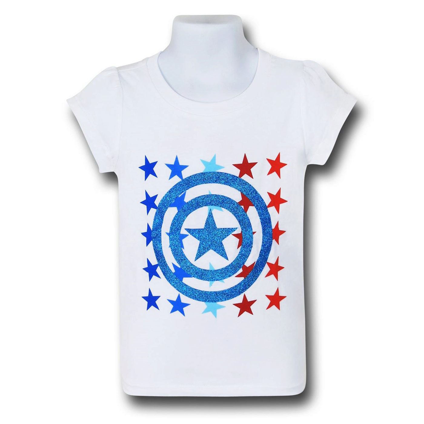 Captain America Glitter Stars Girls Kids T-Shirt, White