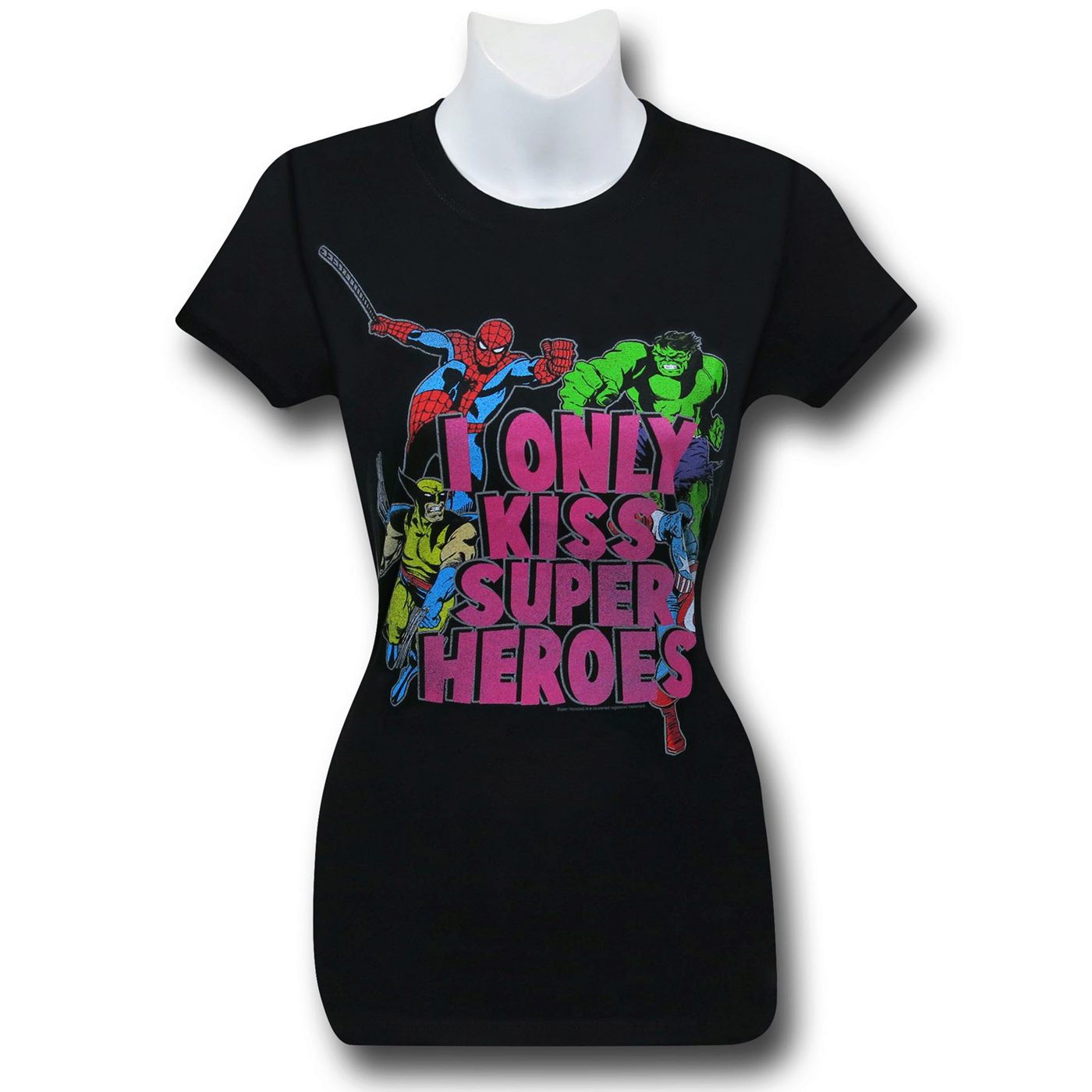 Marvel I Only Kiss Super Heroes Women's T-Shirt, Black