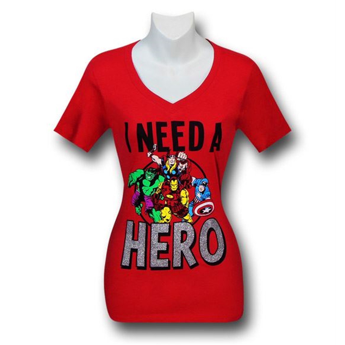 Marvel Need A Hero Juniors V-Neck T-Shirt, Red