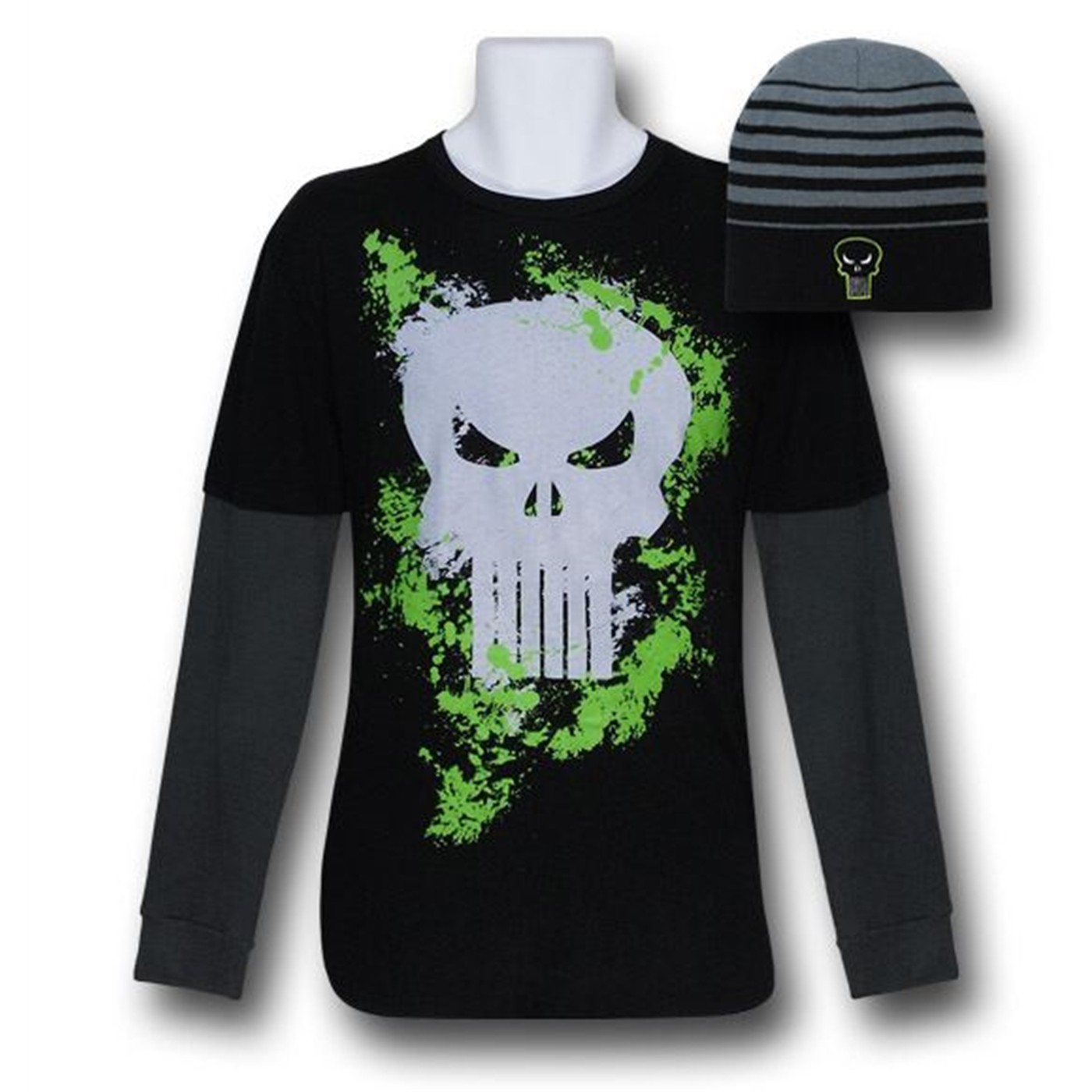 Punisher Double Sleeve Combo T-Shirt & Beanie, Black