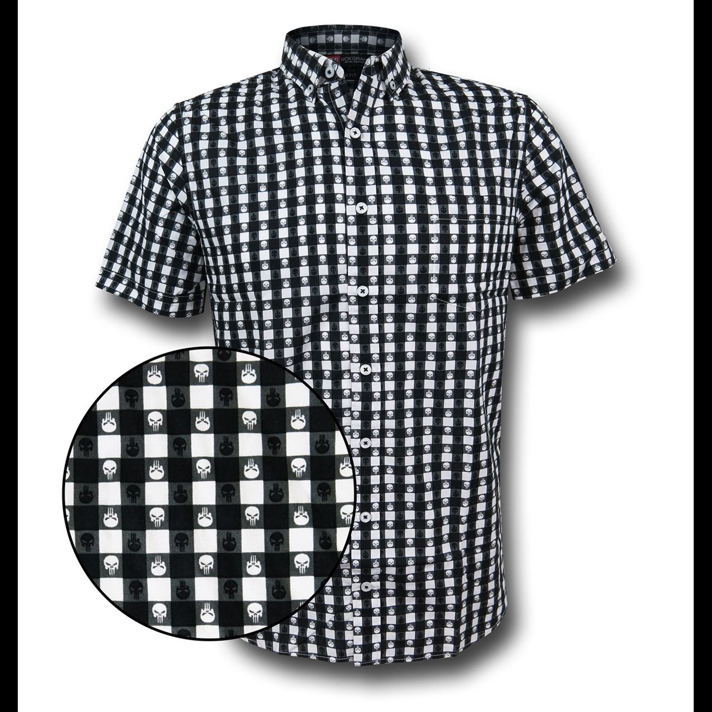 Punisher Plaid Symbol Men's Fitted Button Down Shirt, Black