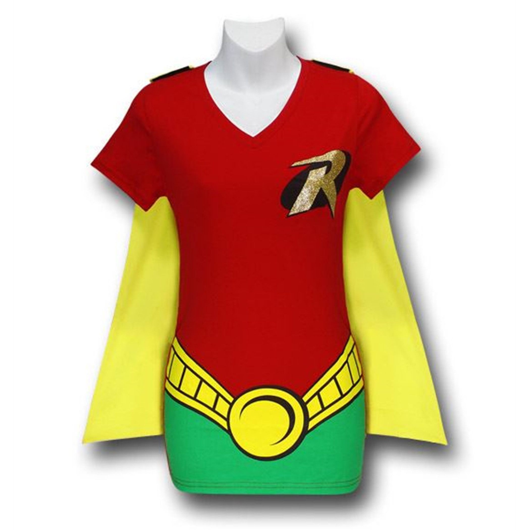 Robin Women's V-Neck Caped Costume T-Shirt, Red