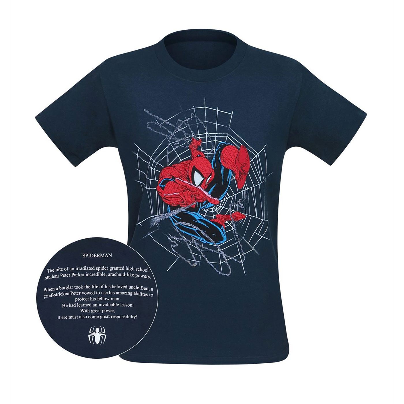 Spiderman Webbed Image and Bio Men's T-Shirt, Blue