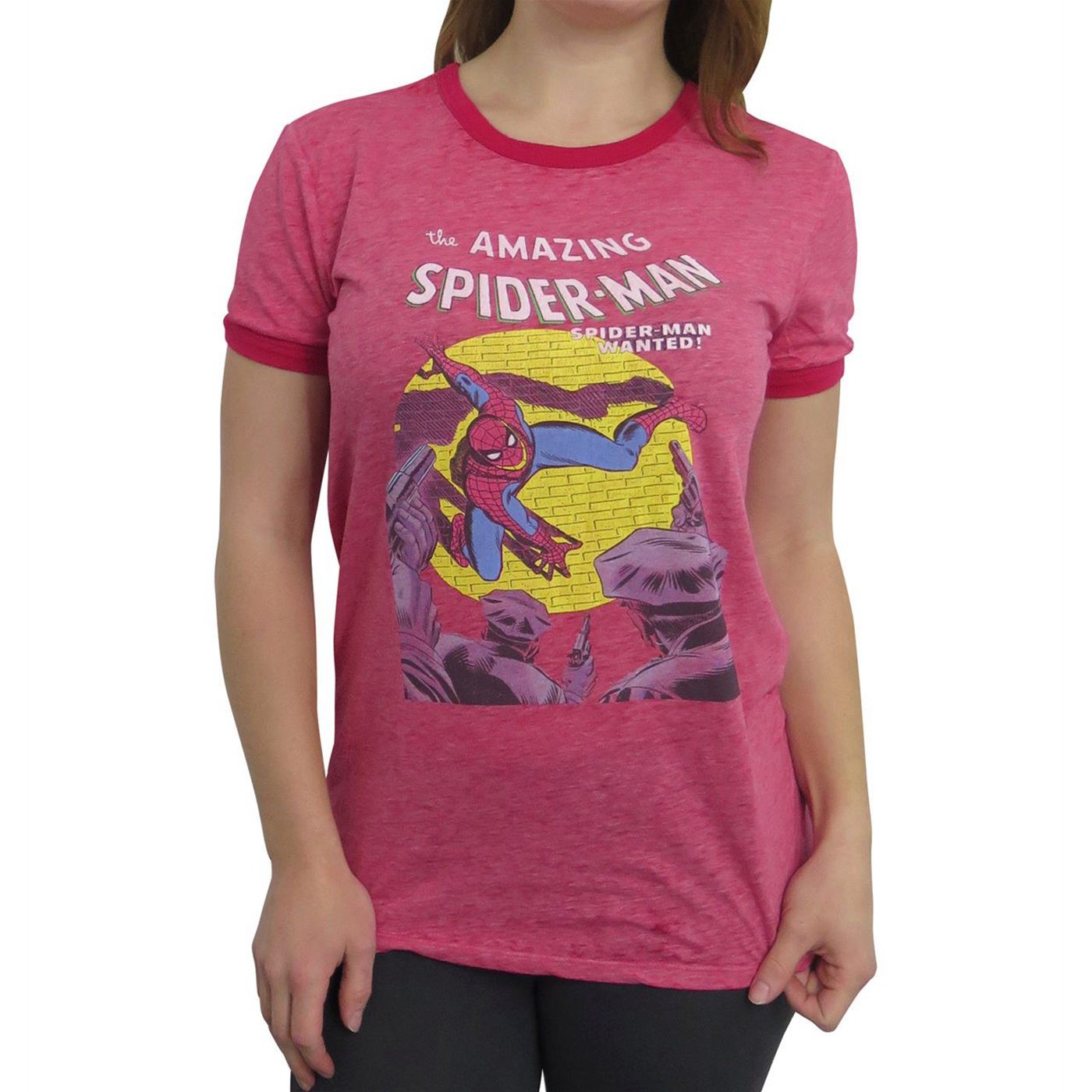 Spider-Man Wanted Women's Burnout Ringer T-Shirt, Red
