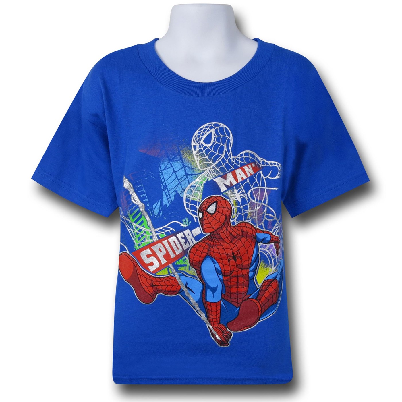Spiderman Silver Silhouette Juvenile T-Shirt, Blue