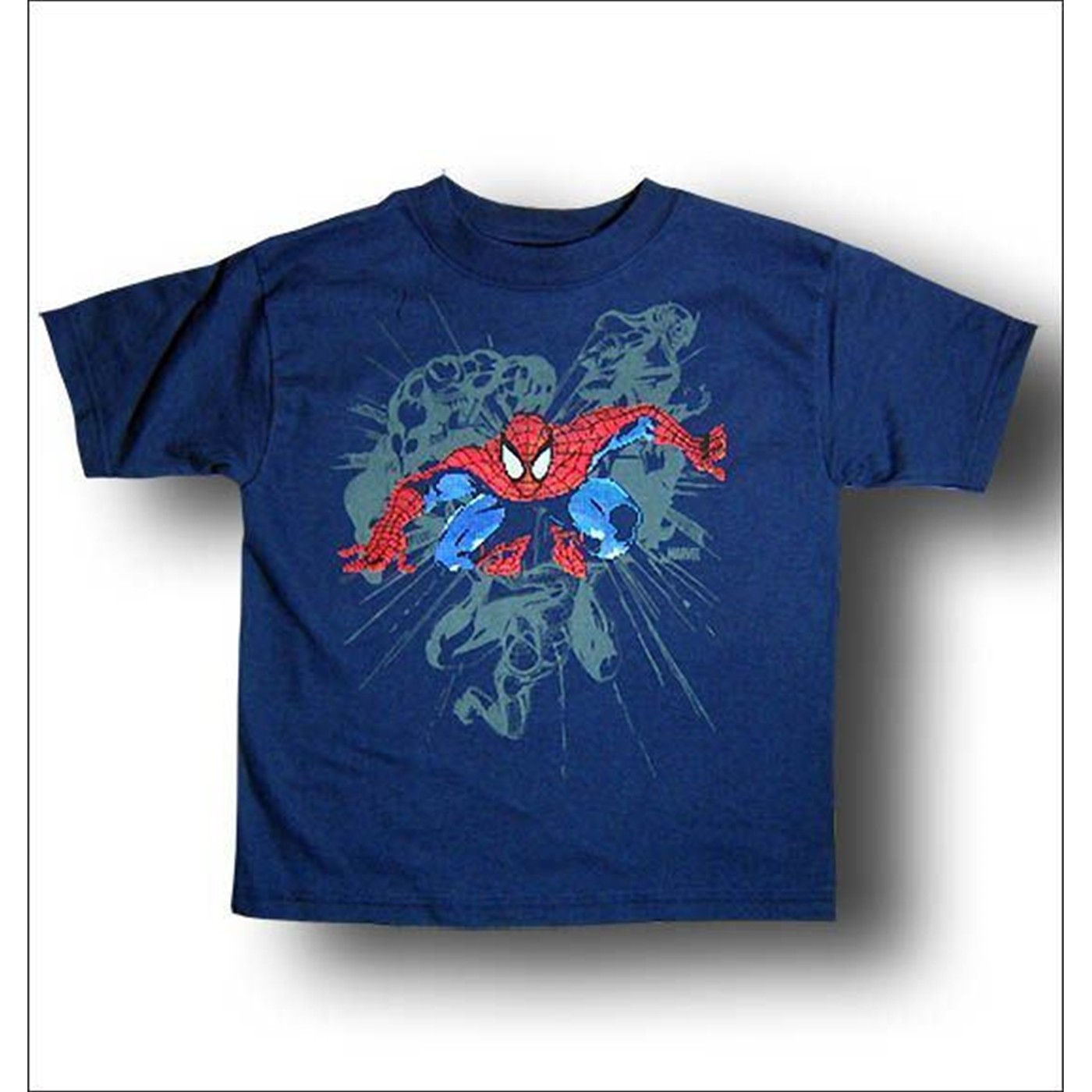 Spiderman Juvenile Navy Shadowed by Villains T-Shirt, Blue