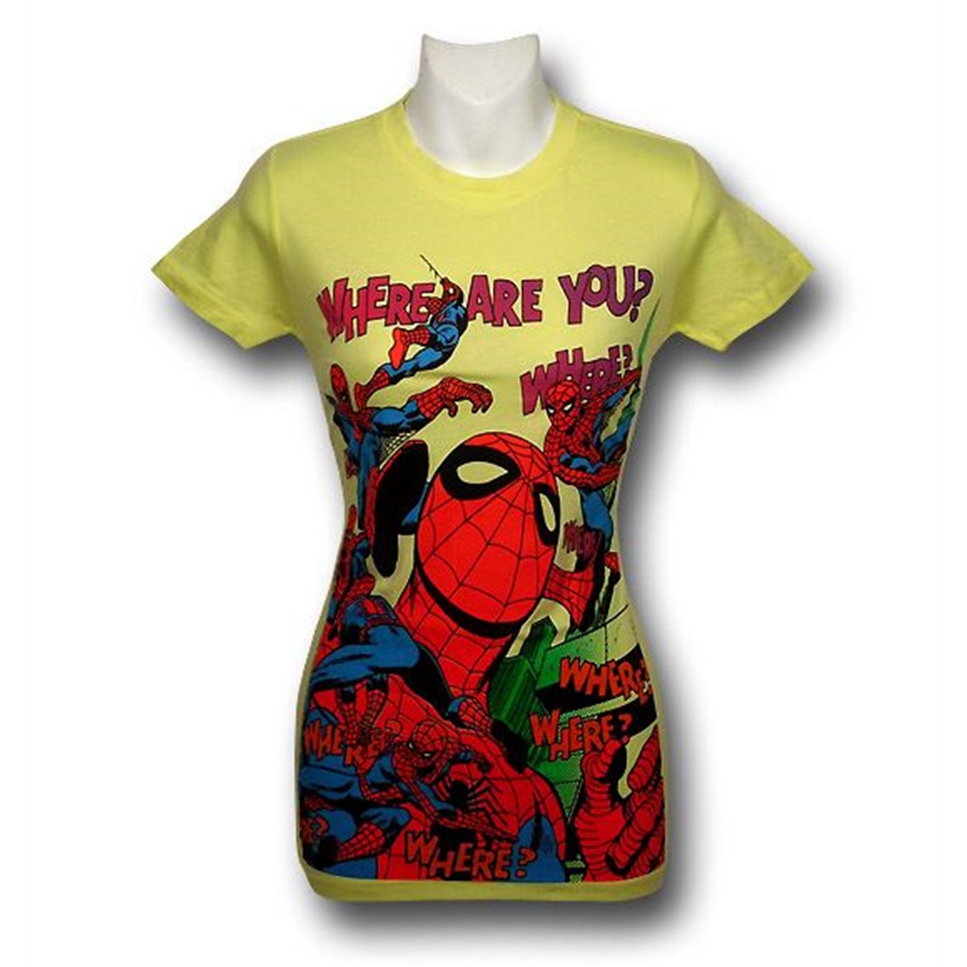 Spiderman Where Are You Jr Womens T-Shirt, Yellow