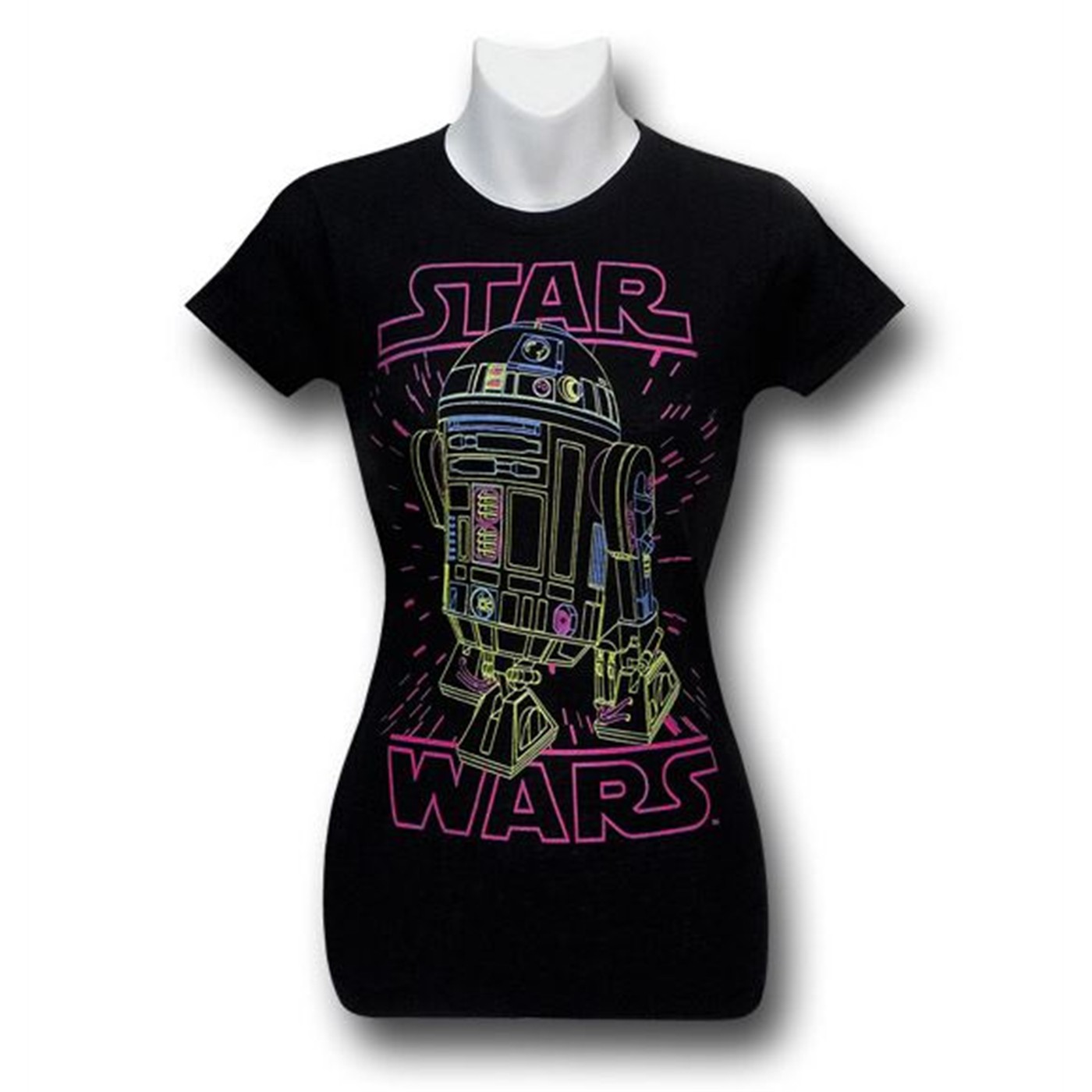 Star Wars Neon R2-D2 Junior Womens T-Shirt, Black