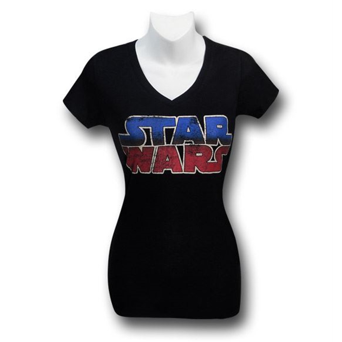 Star Wars Red & Blue Logo Juniors V-Neck T-Shirt, Black