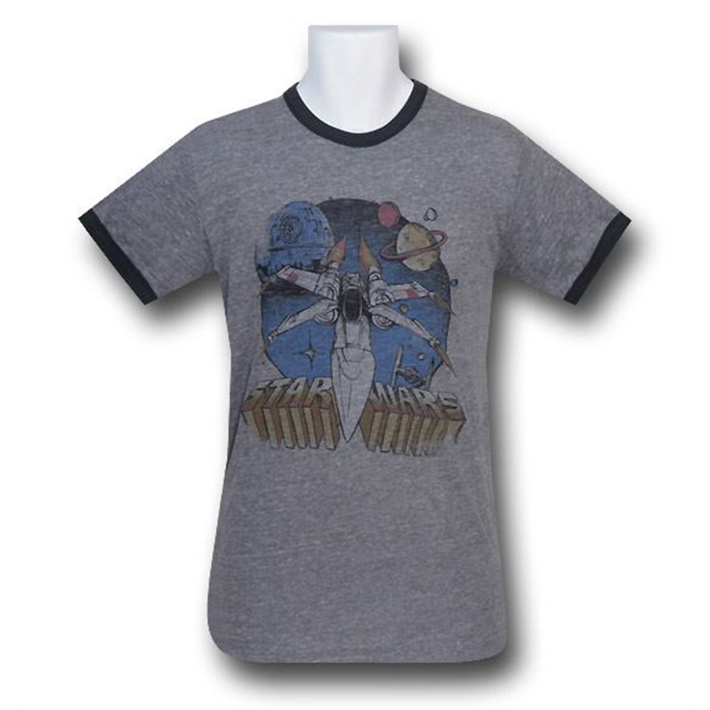 Star Wars X-Wing Sketch Junk Food Ringer T-Shirt, Grey