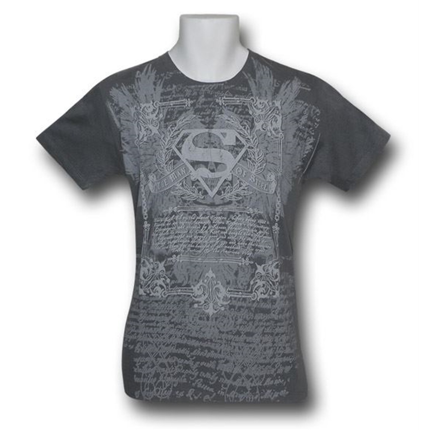 Superman Symbol and Script Charcoal T-Shirt, Grey