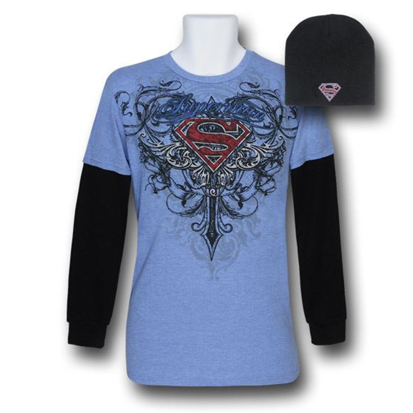 Superman Double Sleeve Combo T-Shirt & Beanie, Blue
