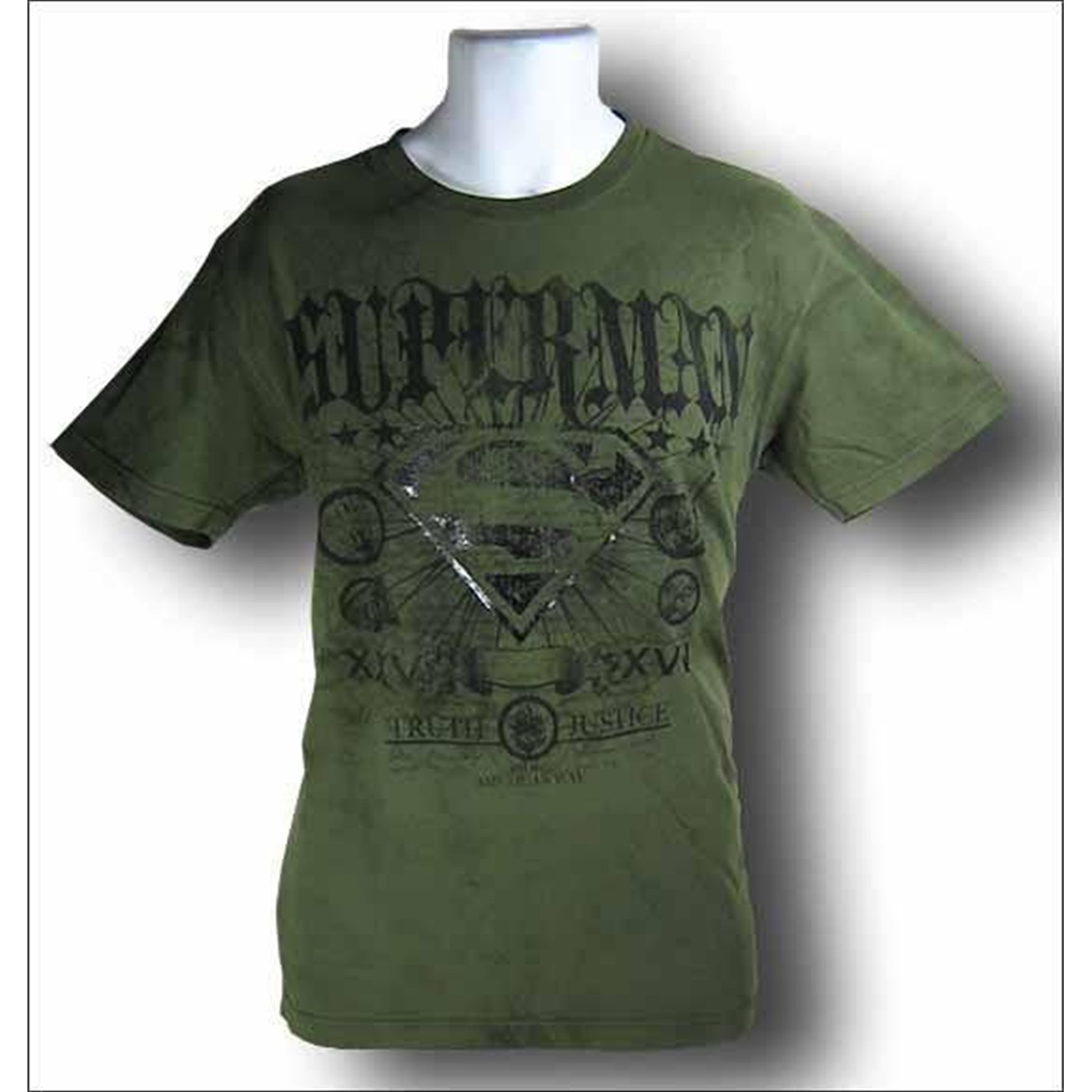 Superman Olive Truth Justice Acid Wash T-Shirt, Green