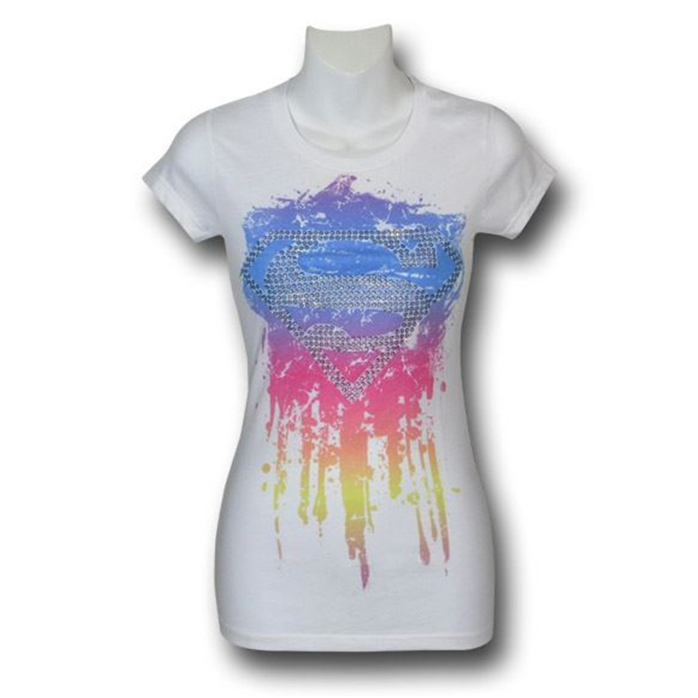 Supergirl Rhinestones Symbol Juniors T-Shirt, White