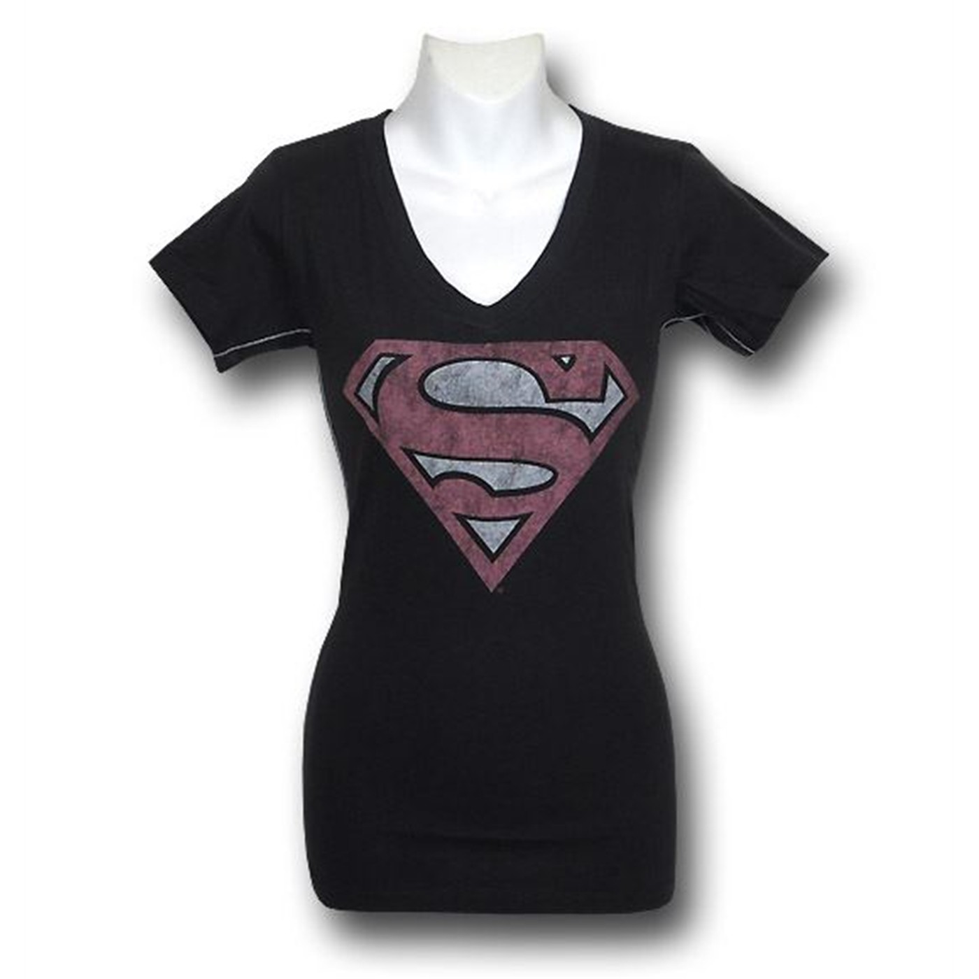 Supergirl Juniors Dist Symbol V-Neck Trunk T-Shirt, Grey
