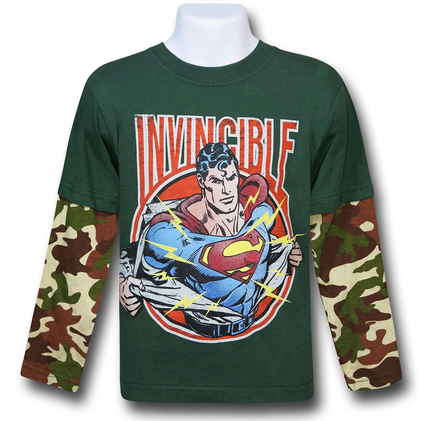 Superman Invincible Kids Camo Double-Sleeve T-Shirt, Green