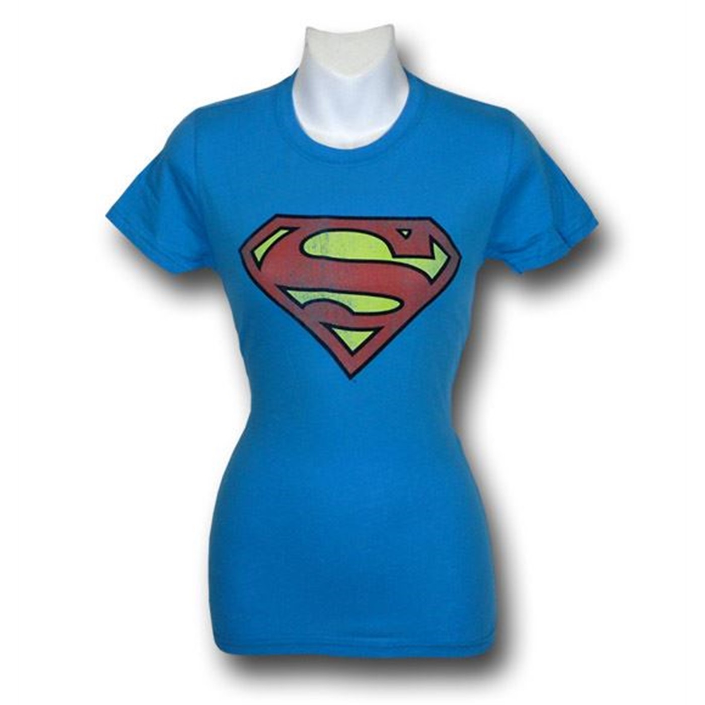 Superman Women's Women Light Blue Distressed T-Shirt, Blue