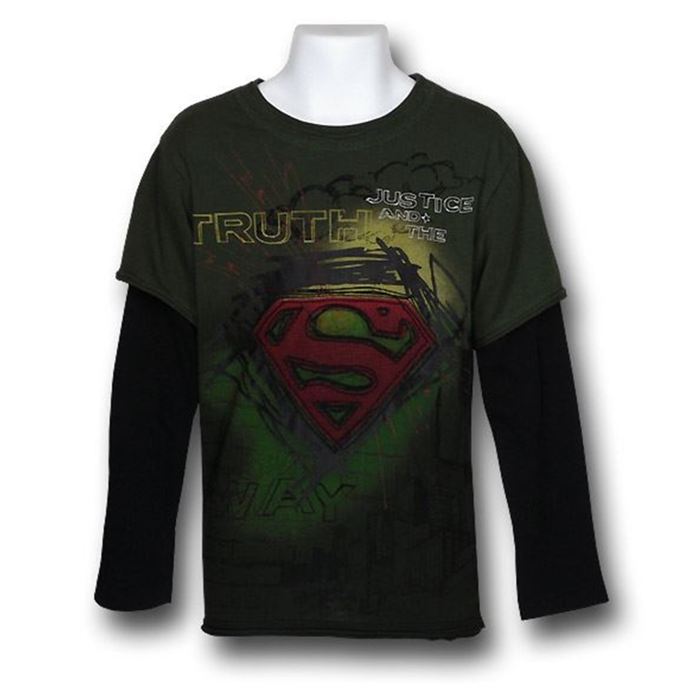 Superman Green Skyline Long Sleeve Kids T-Shirt, Green