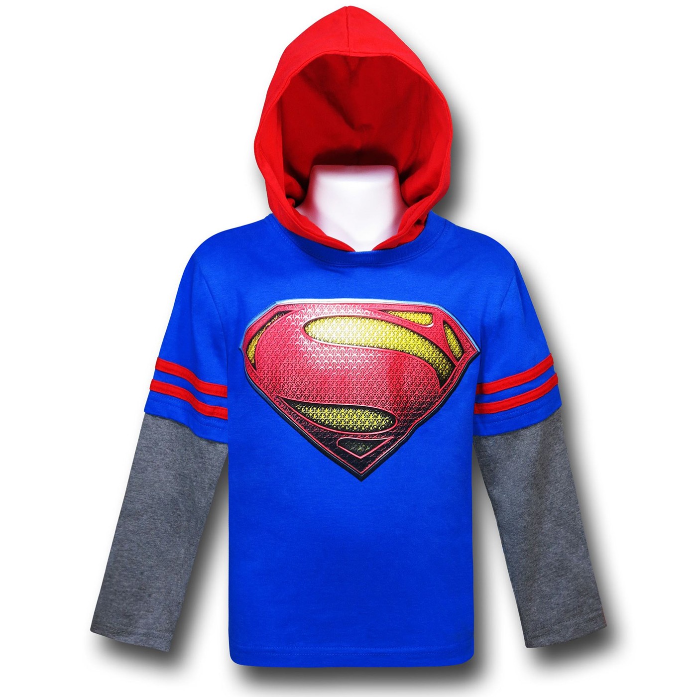 Superman Movie Symbol Hooded Kids Double-Sleeve T-Shirt, Blue