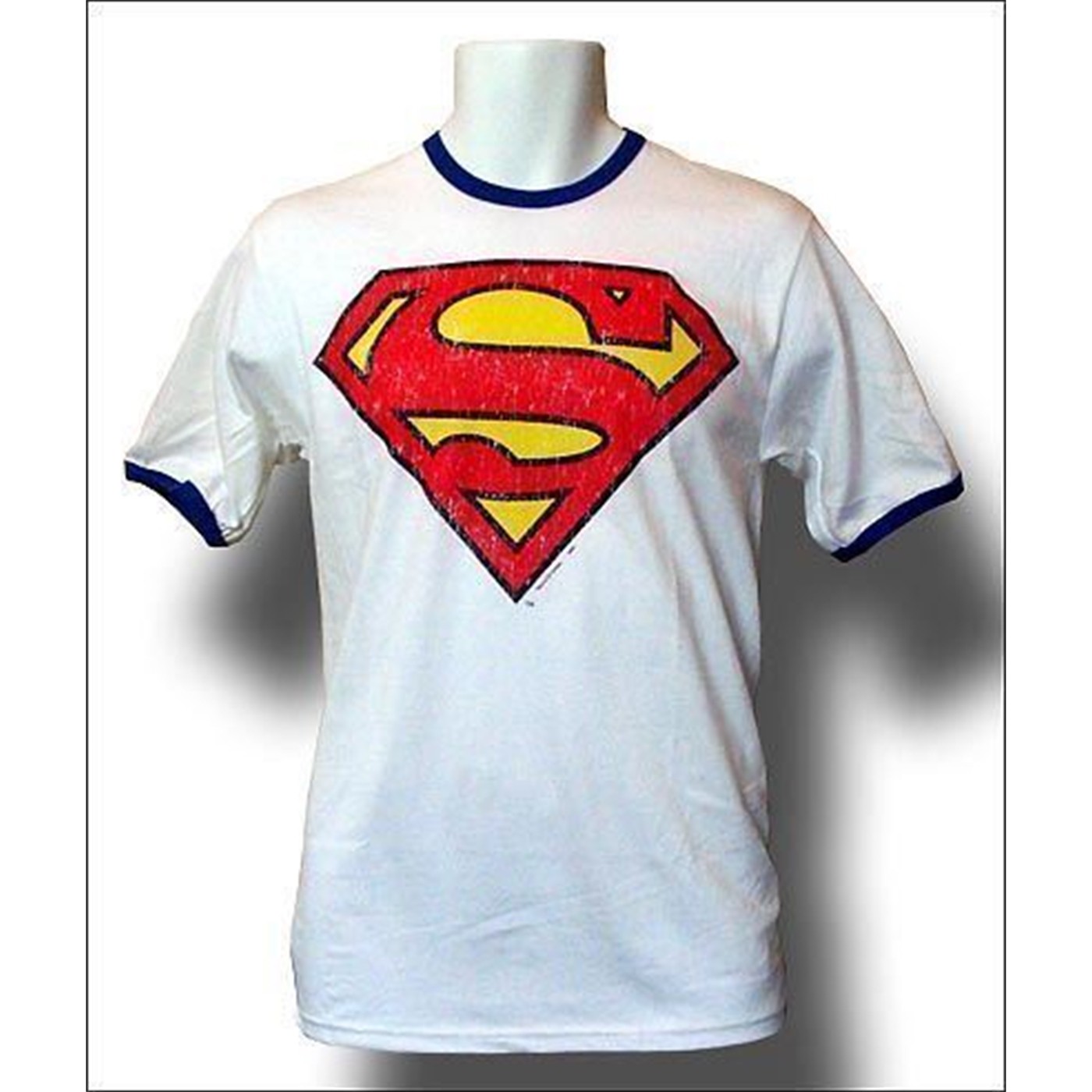 Superman Logo T-Shirt White Distressed Ringer, White