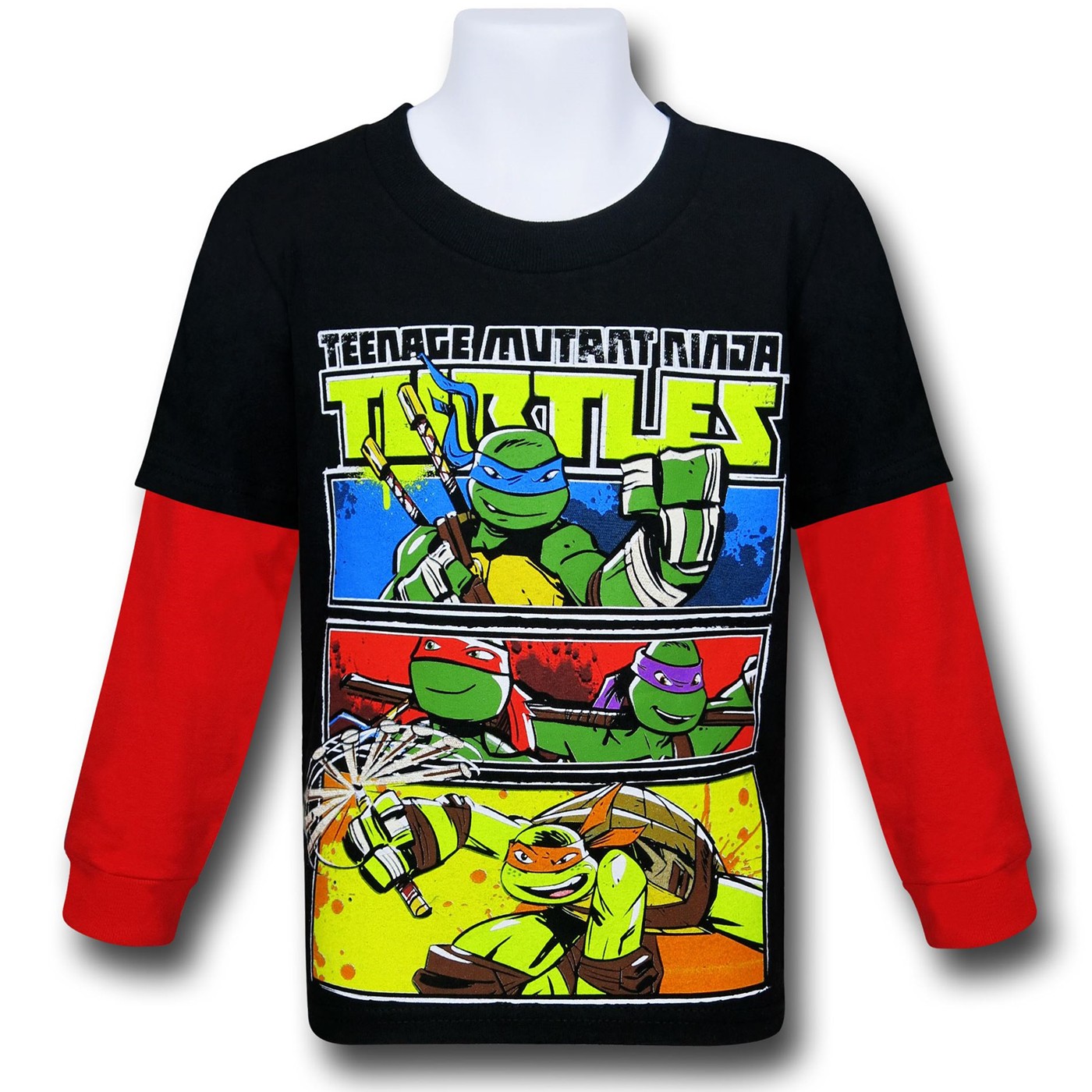 TMNT Panels Double Sleeve Kids T-Shirt, Black