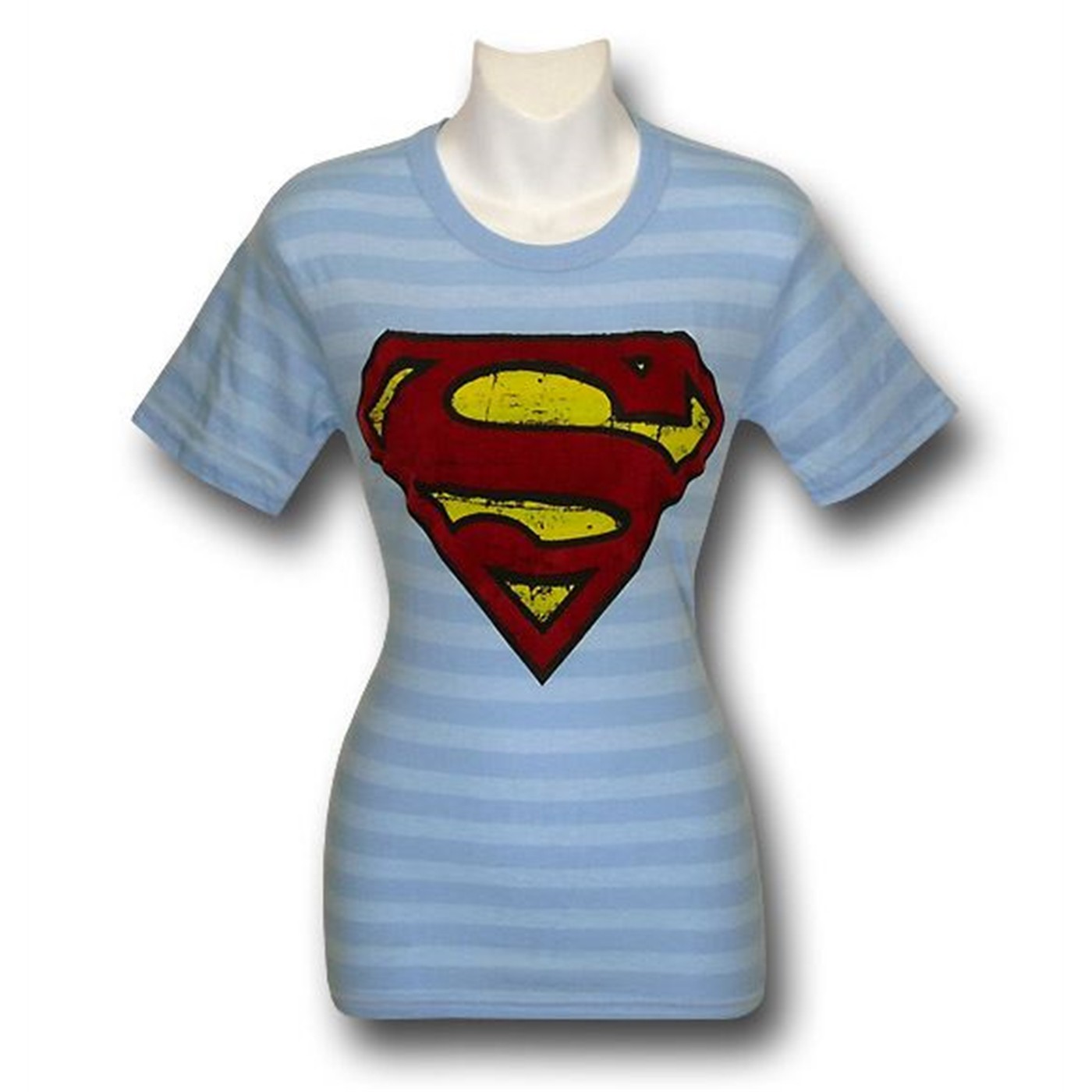 Superman Womens Flock Symbol Striped T-Shirt, Blue