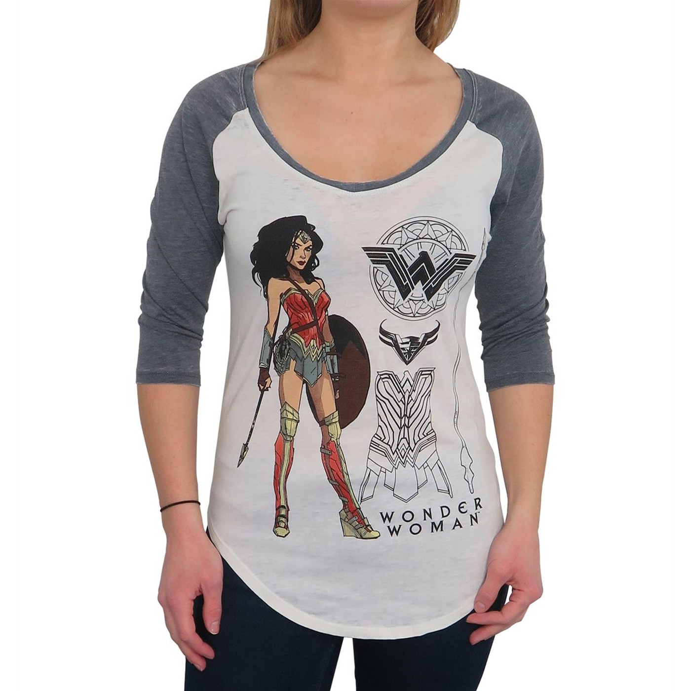 Wonder Woman Armor Pose Women's Scoop Neck Raglan, White