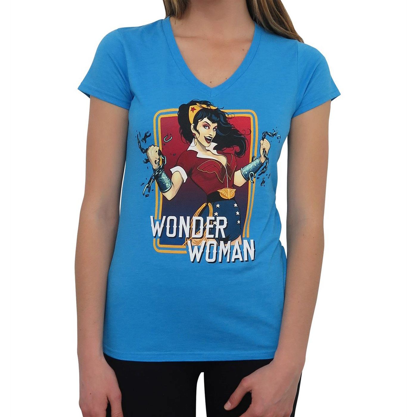 Wonder Woman DC Bombshells Women's V-Neck T-Shirt, Blue