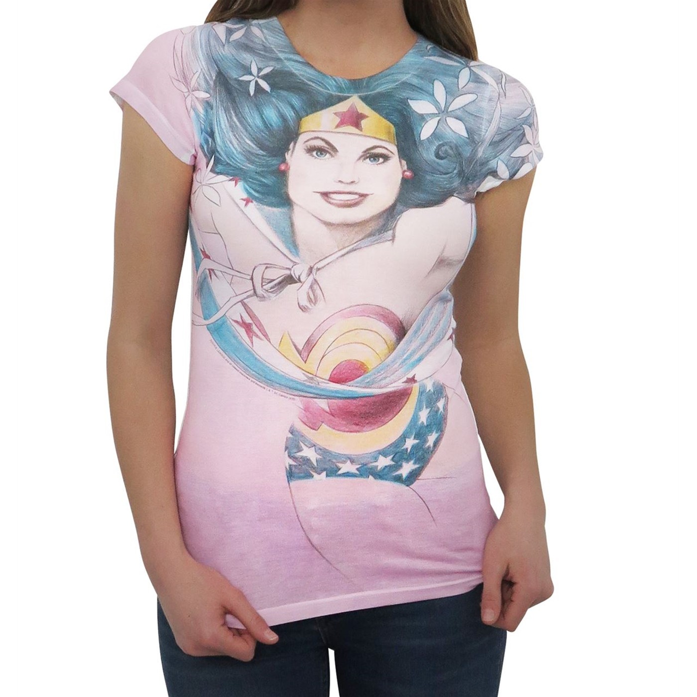 Wonder Woman Sublimated JLA Sketch Women's T-Shirt, White
