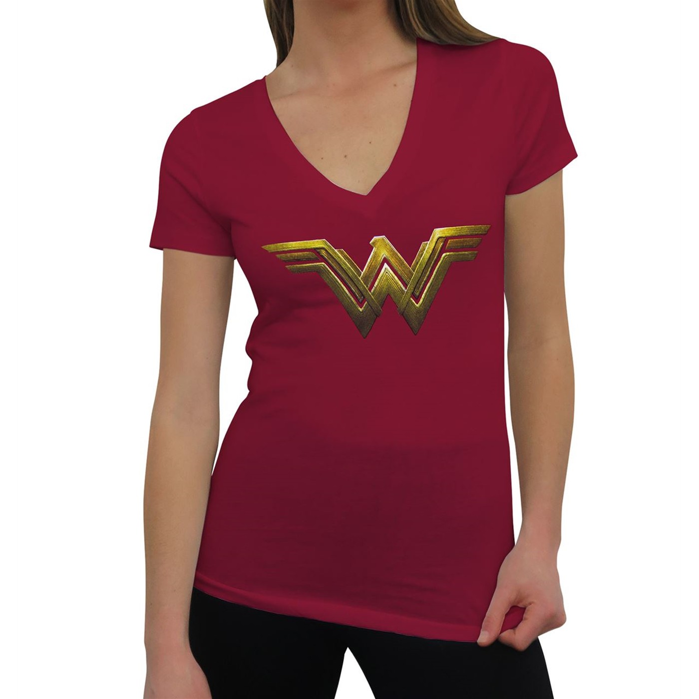 Wonder Woman Justice League Logo Women V-Neck T-Shirt, Red