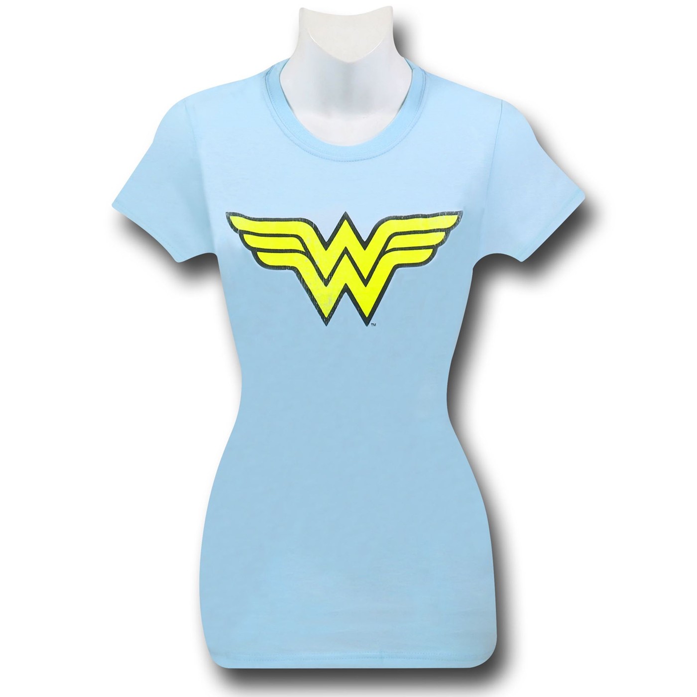 Wonder Woman Women's Light Blue Distressed Sym T-Shirt, Blue