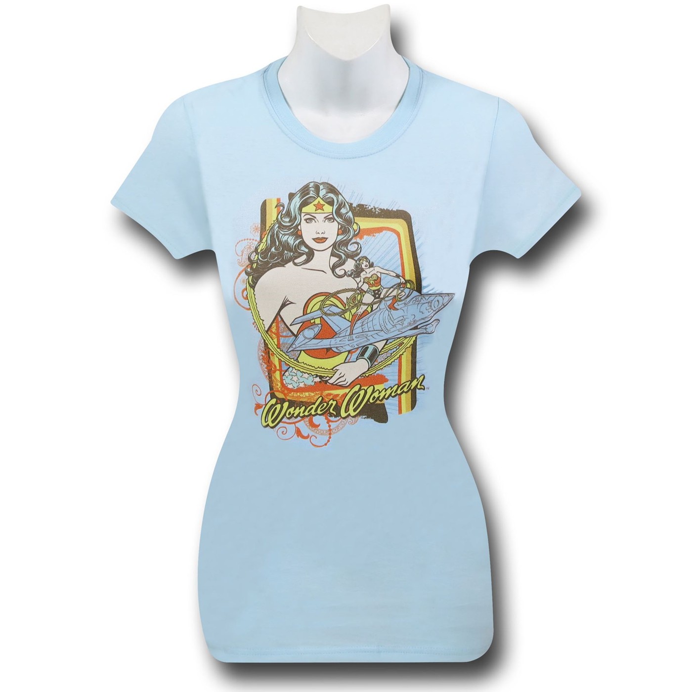 Wonder Woman Women's Light Blue Invisible Jet T-Shirt, Blue