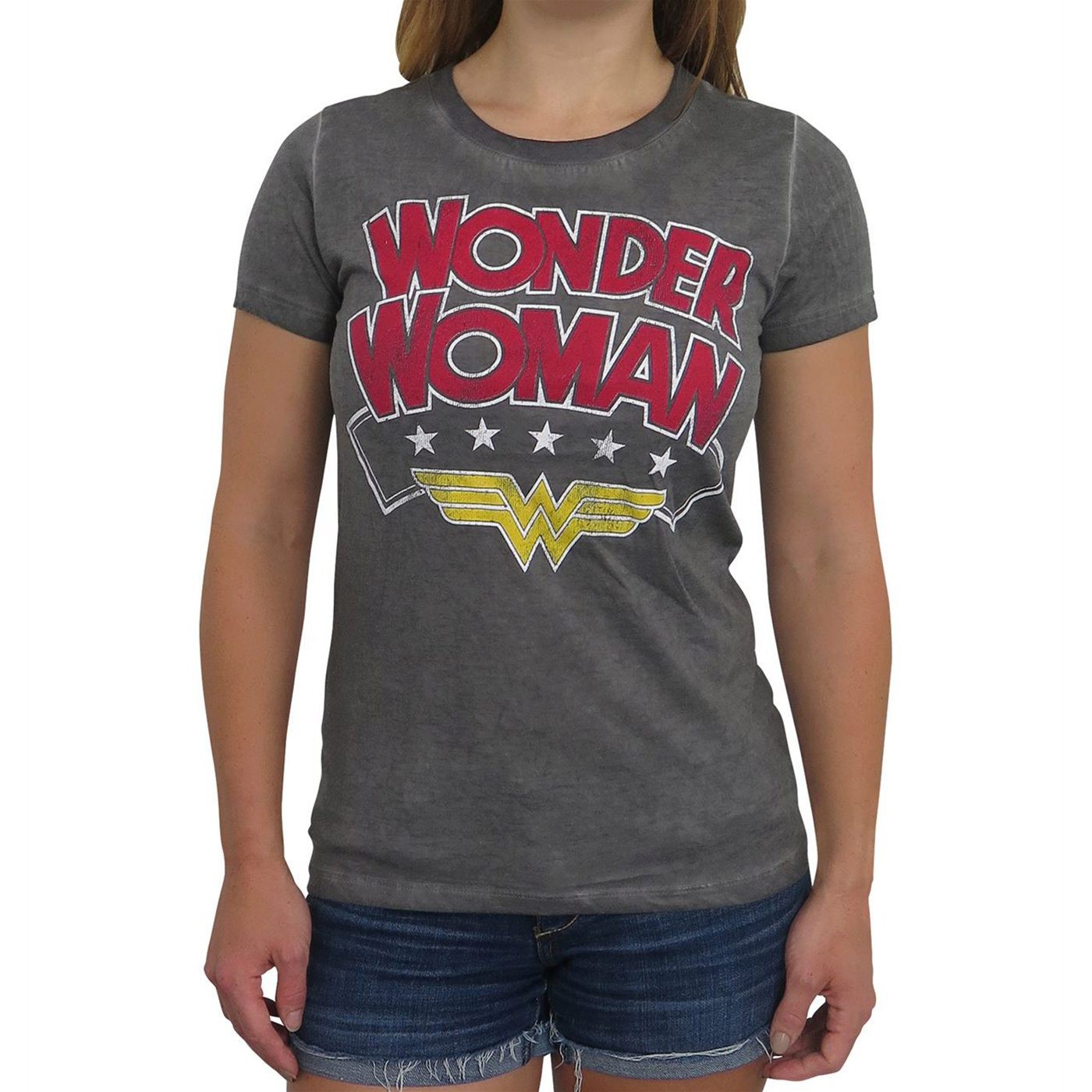 Wonder Woman Logo Oil Wash Women's T-Shirt, Grey