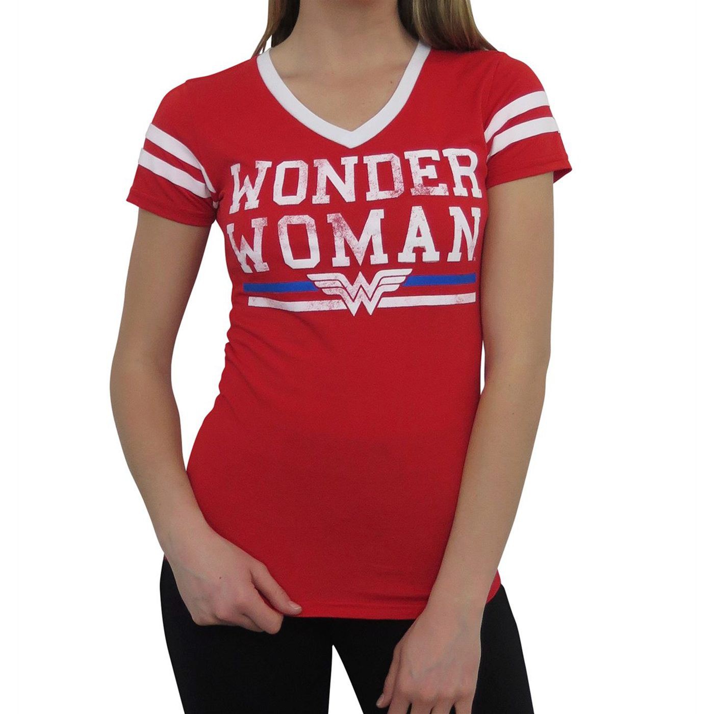 Wonder Woman Logo Women's Varsity V-Neck T-Shirt, Red
