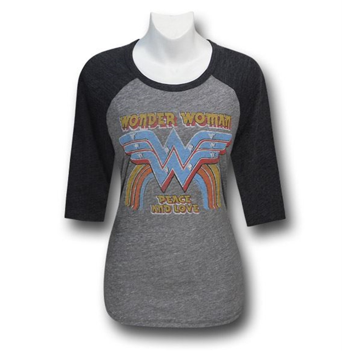 Wonder Woman Peace & Love Juniors Raglan T-Shirt, Grey