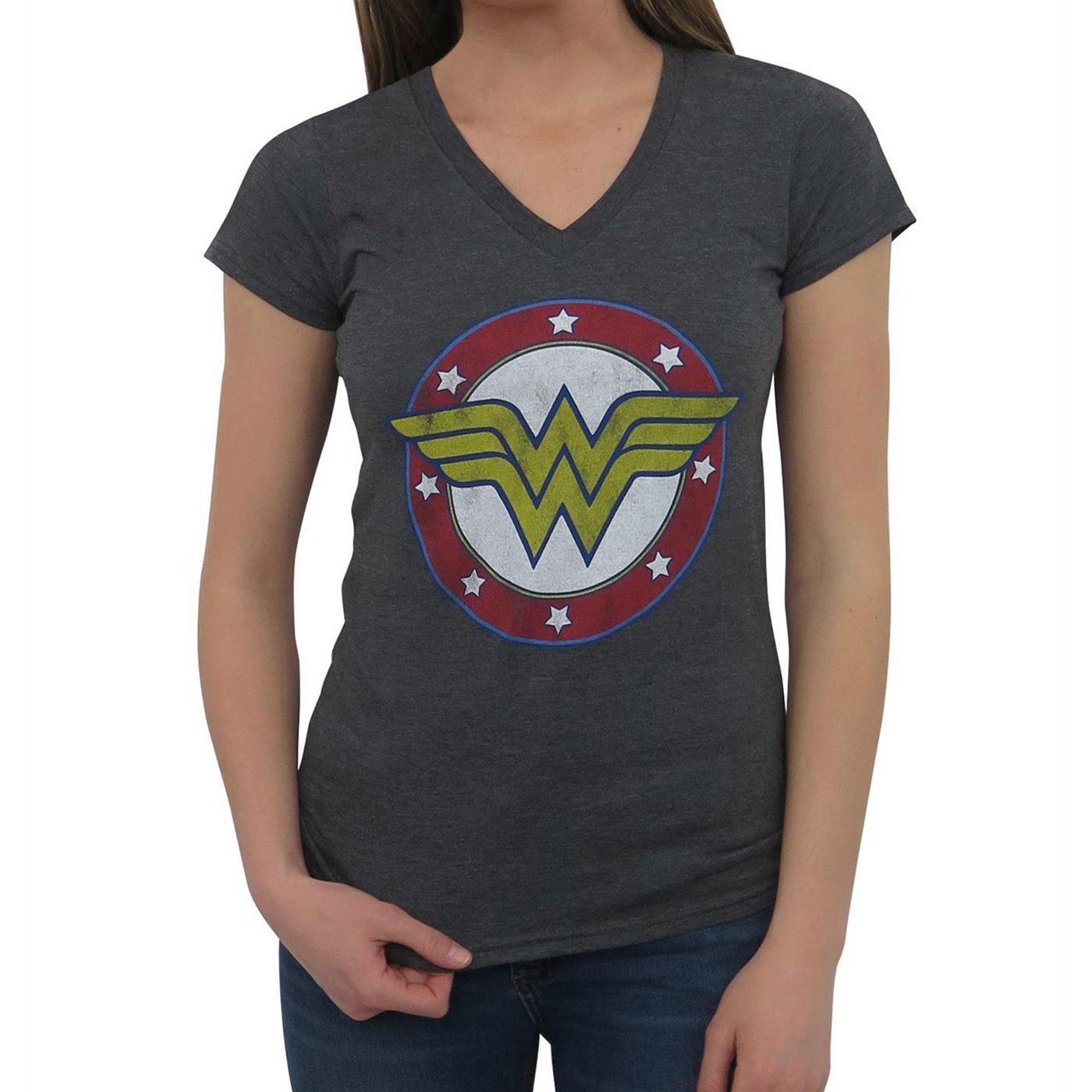 Wonder Woman Symbol & Stars Women's V-Neck T-Shirt, Grey