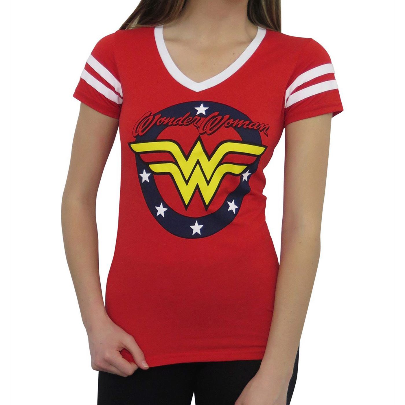 Wonder Woman Varsity V-Neck T-Shirt for Women, Red
