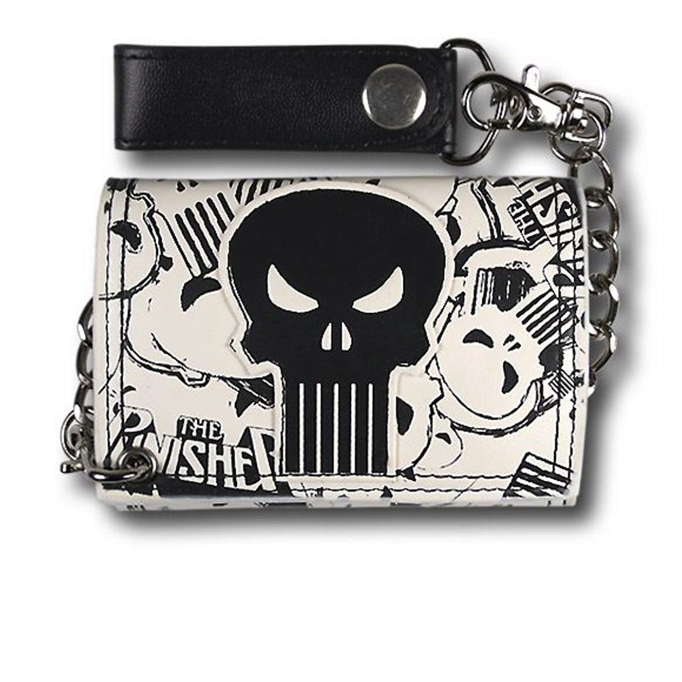 Punisher Black Skull Print Chain Wallet, White