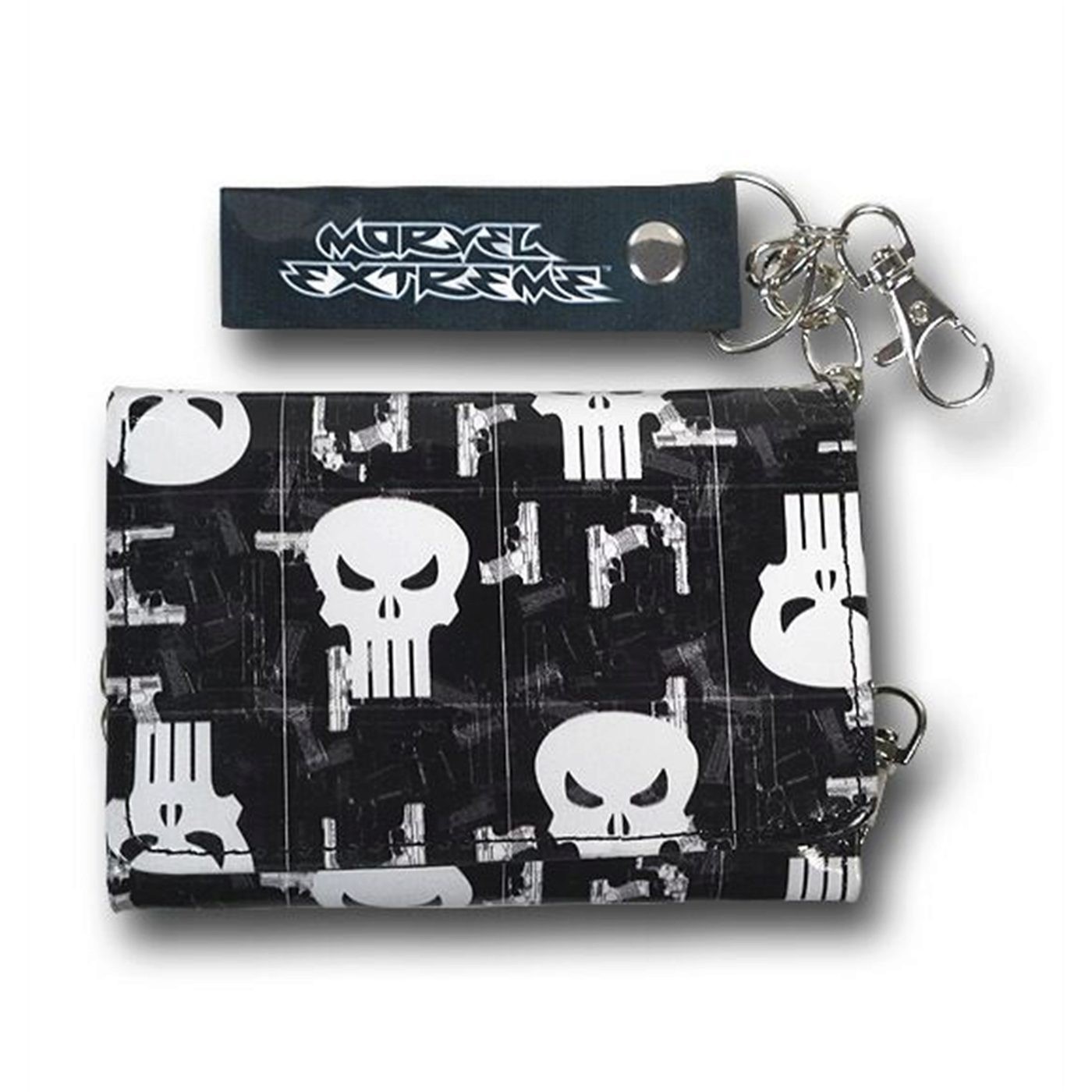 Punisher Skull and Gun Panels Chain Wallet, Black