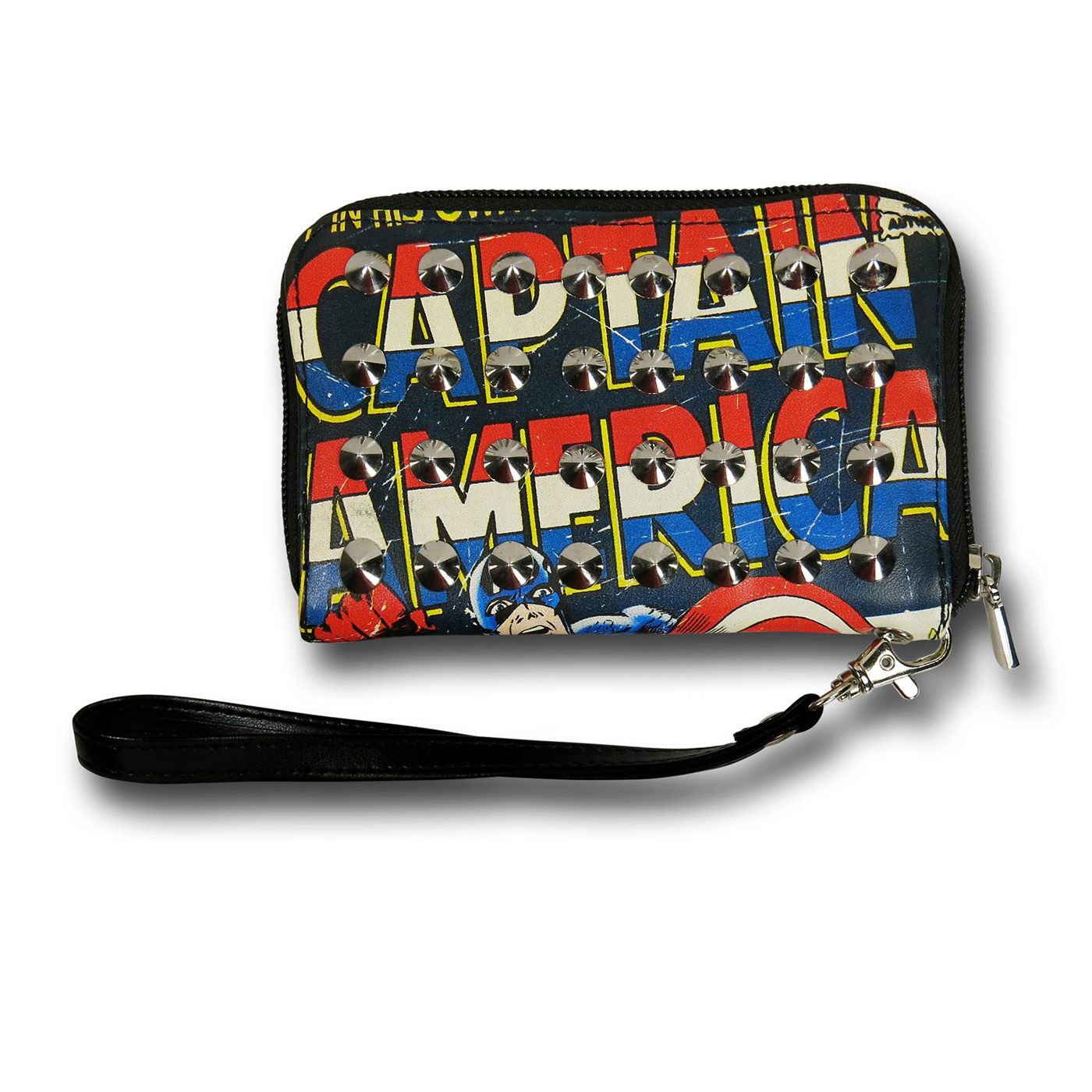 Captain America Studded Zip Around Wallet, Black
