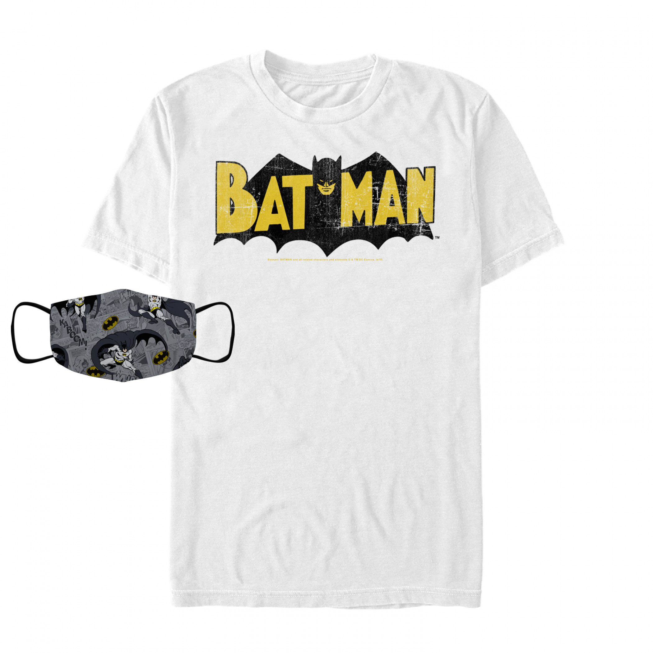 Batman Retro Symbol T-Shirt with matching Comic Graphic Face Mask, White