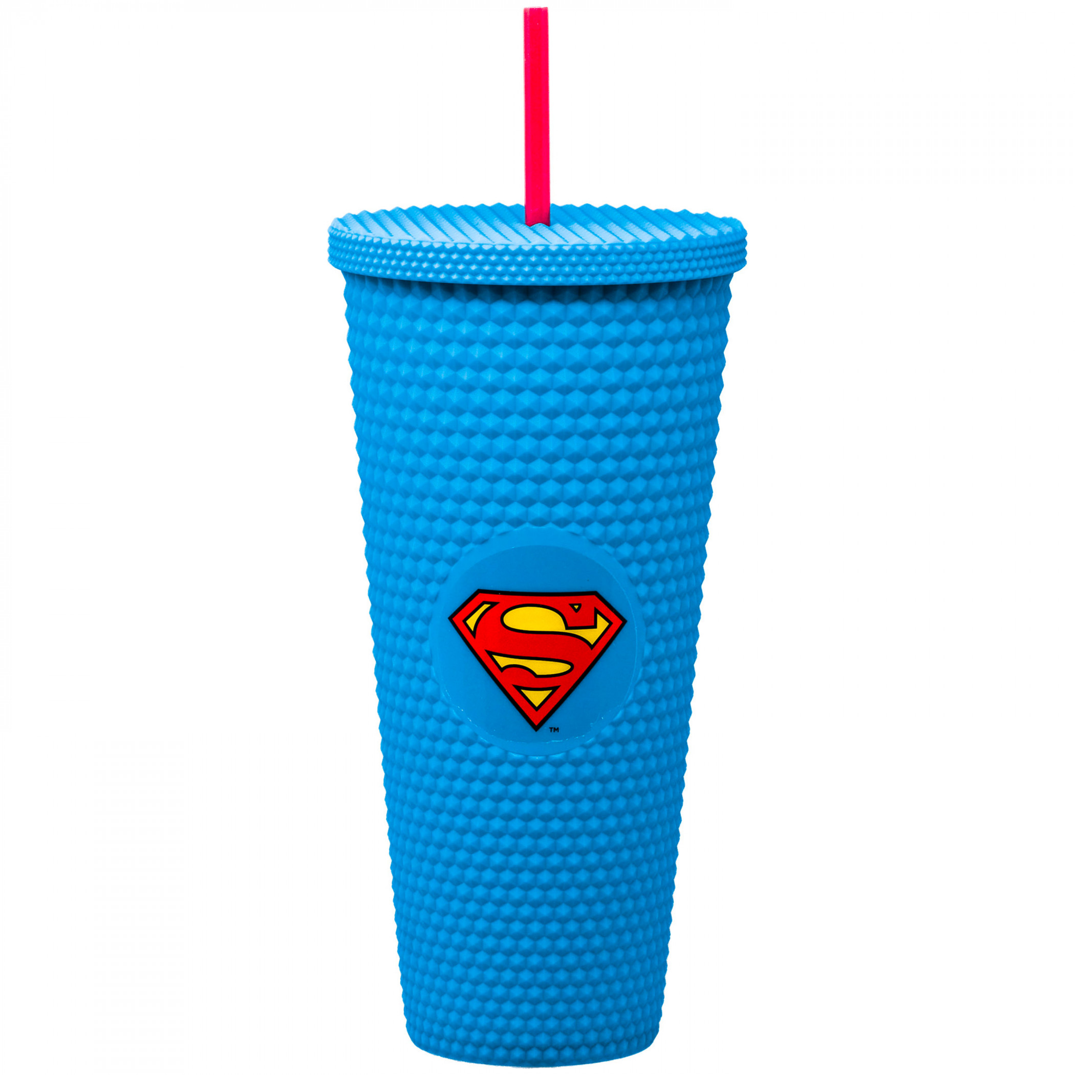 Superman Classic Logo Studded Travel Mug with Straw, Blue
