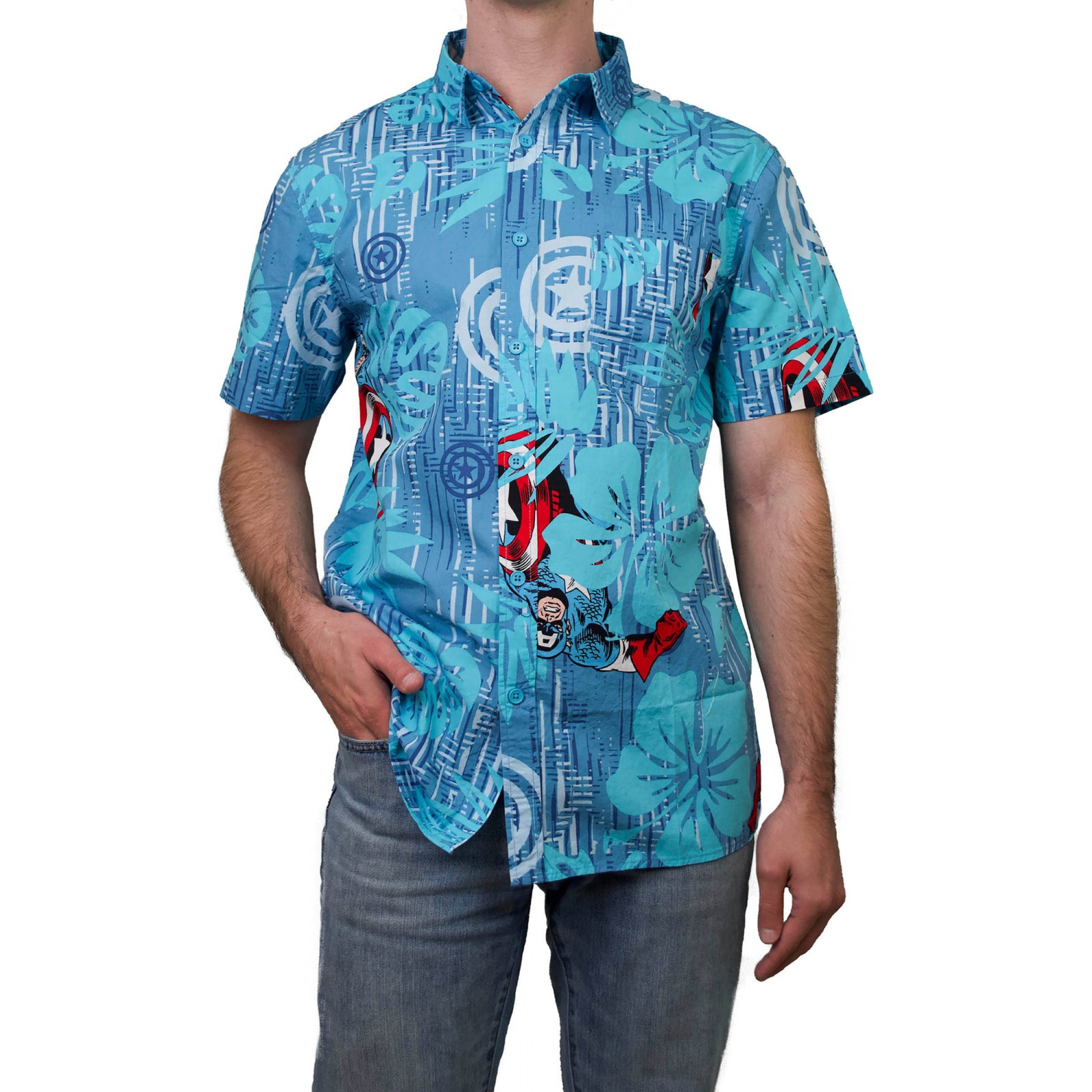 Captain America Hawaiian Print Button Down Shirt, Blue