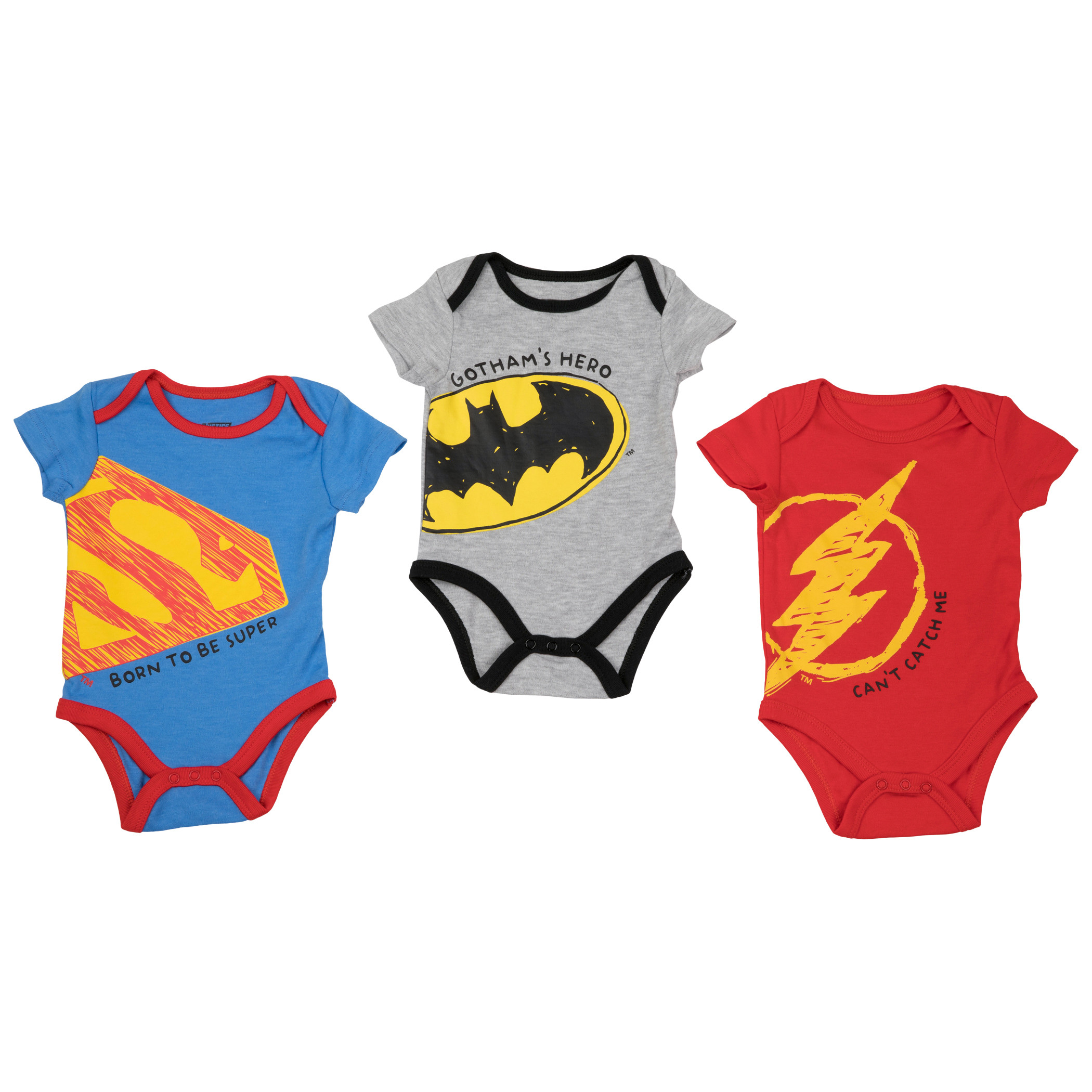 Justice League Superman Batman and Flash 3-Pack Infant Bodysuit Set, Multi-Color