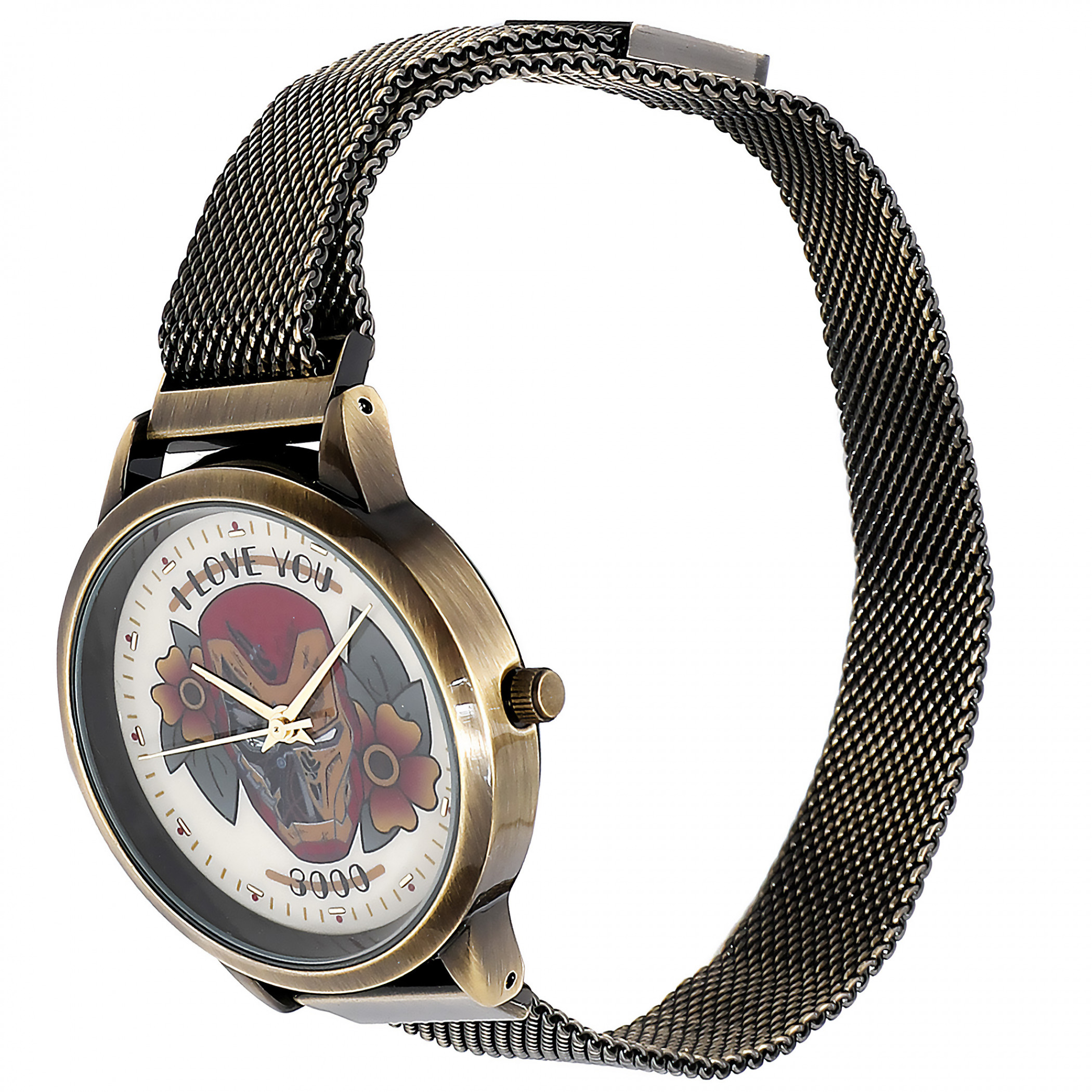 Marvel Comics Iron Man Floral Watch with Metal Band, Gold