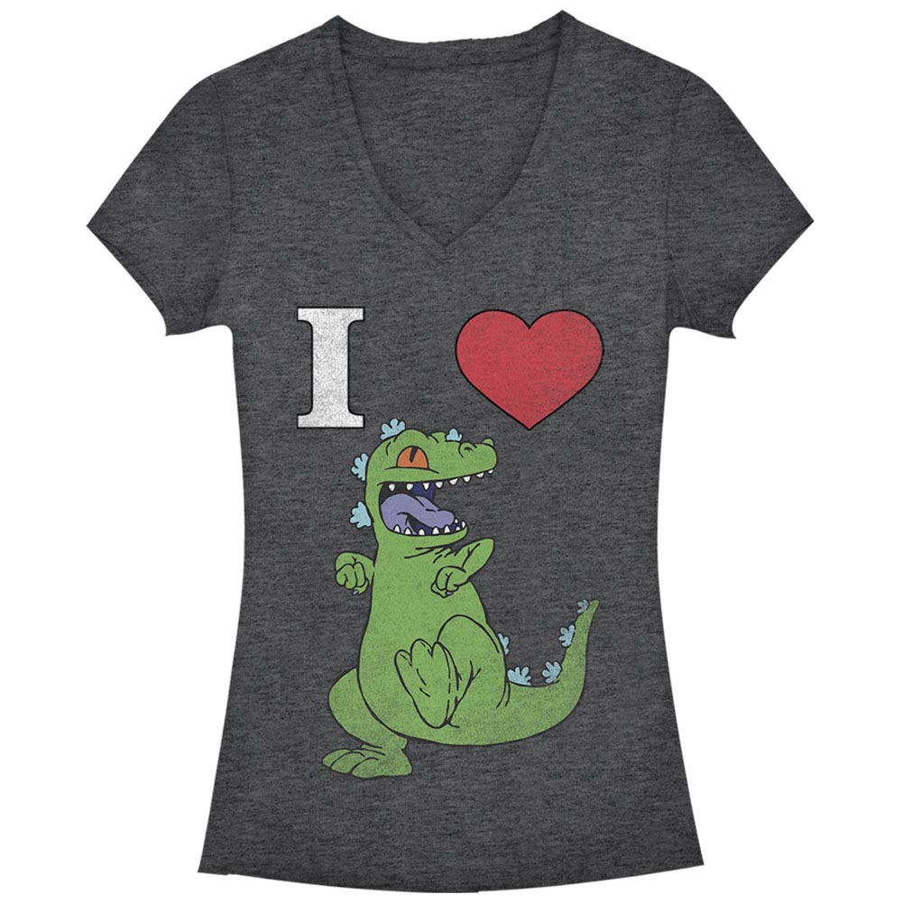 Rugrats Nickelodeon Heart Reptar Gray Juniors V Neck T-Shirt