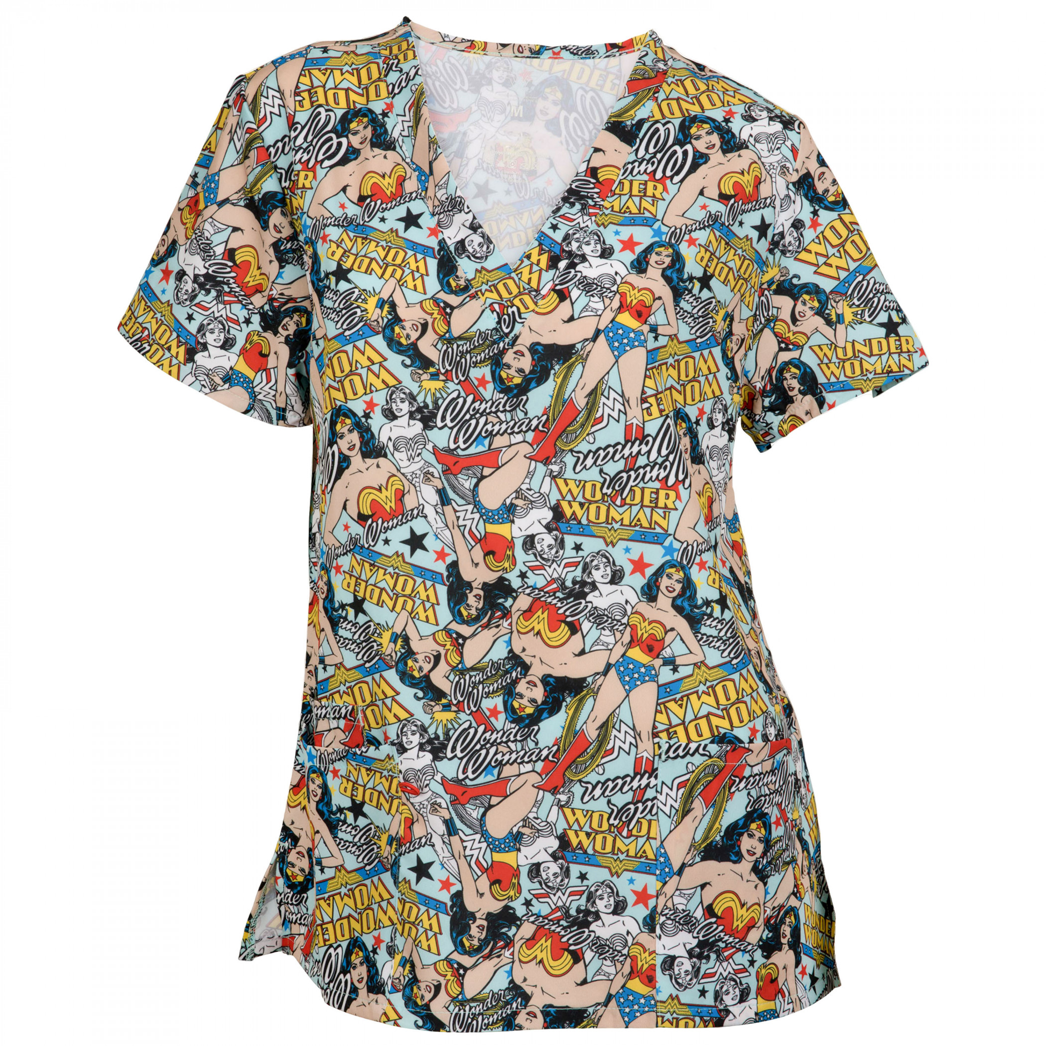 Wonder Woman Comic Art V-Neck Scrubs Top, Multi-Color