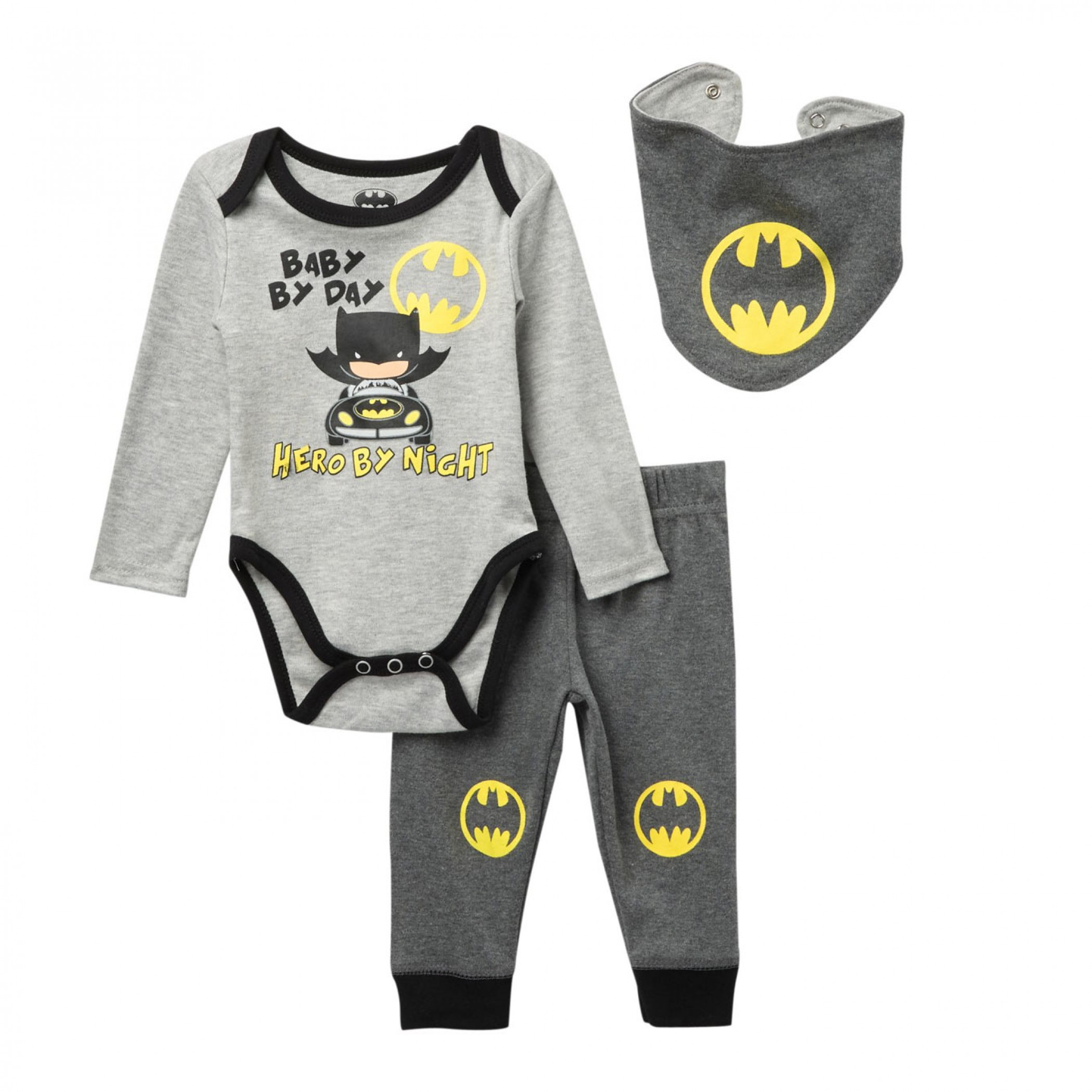 Batman Hero By Night Infant Snap Suit 3-Piece Set, Grey