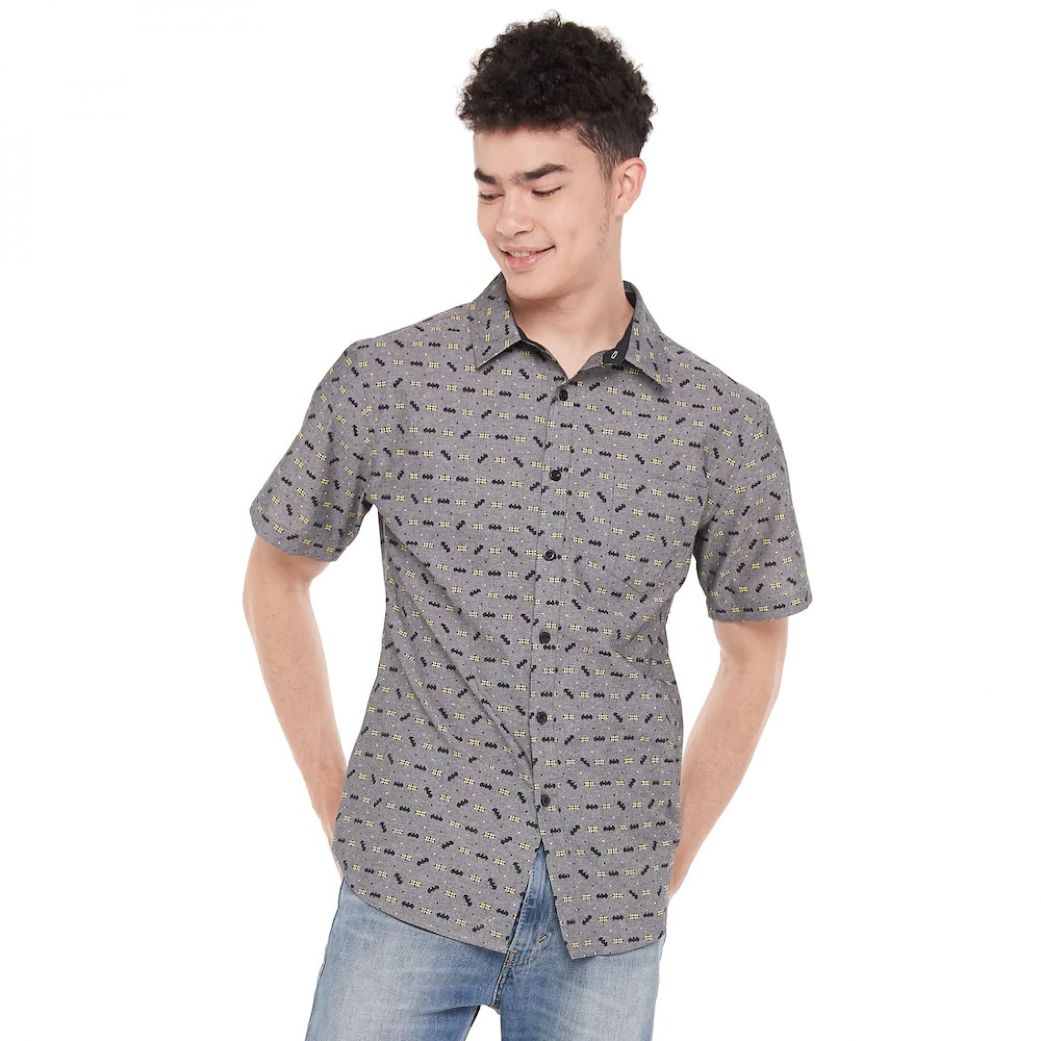 DC Comics Batman Symbols All Over Print Button-Down Shirt, Grey
