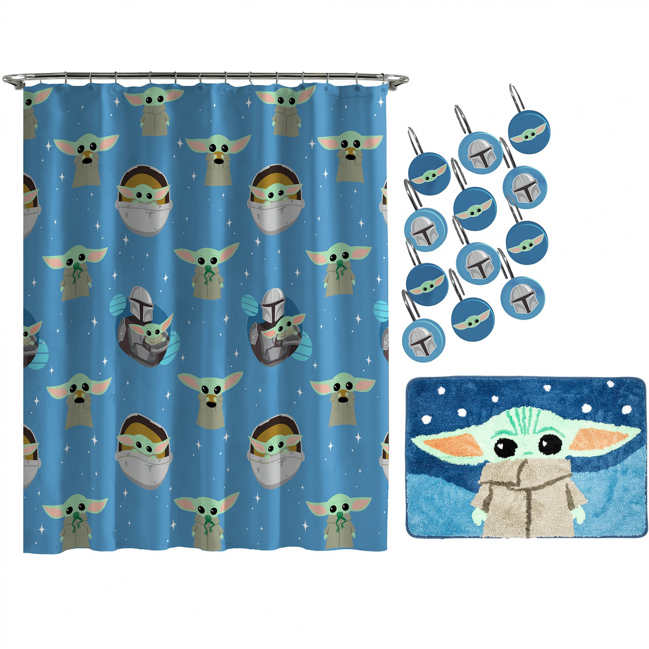 Star Wars The Mandalorian and Grogu 14pc Shower Curtain and Rug Set, Multi-Color